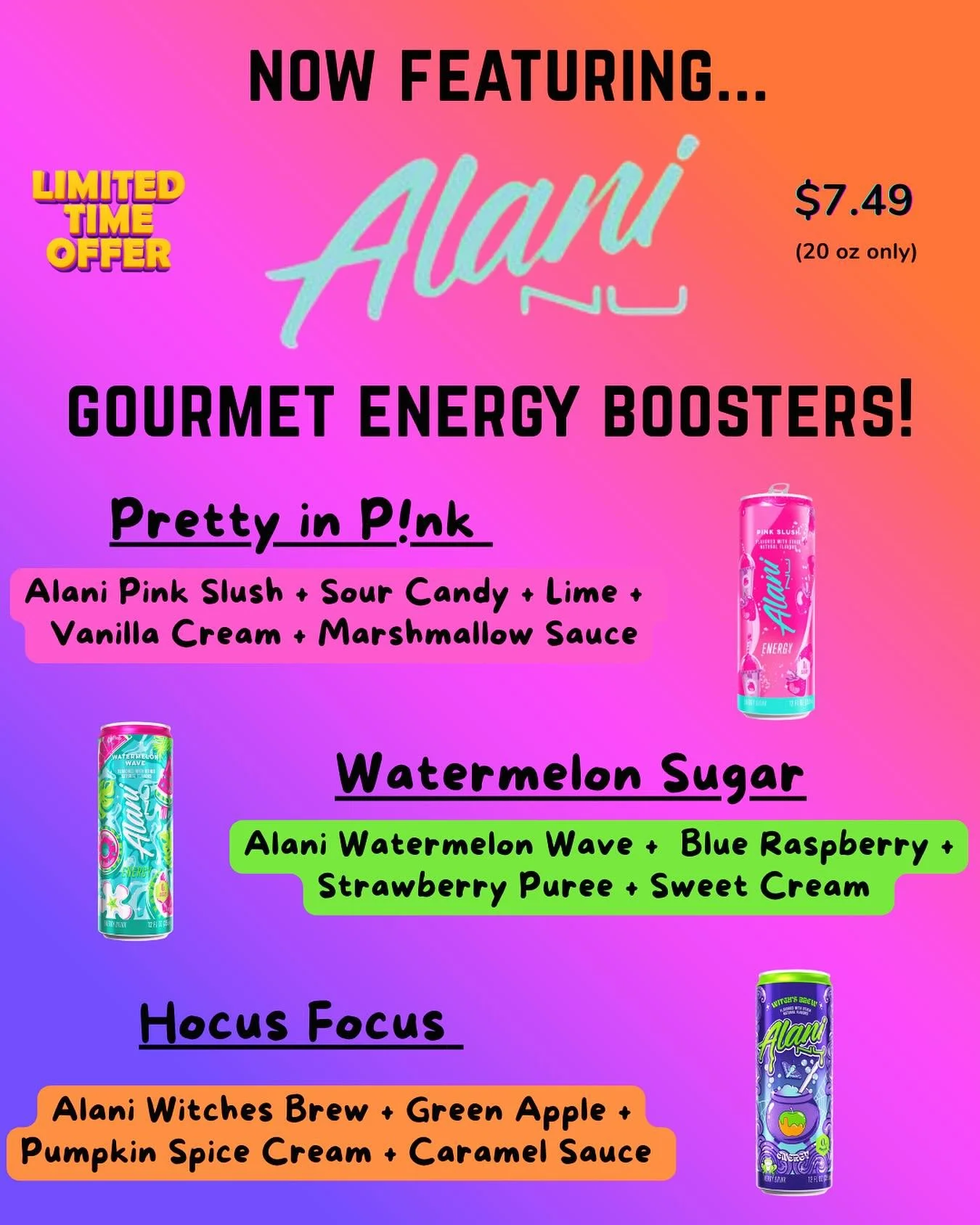 There’s something we thought you oughta know…POPularity! has finally started dipping our toes into the “dirty” energy drink game with a trio of #alani energy drinks!
They’re only here for a limited time so POP in to t