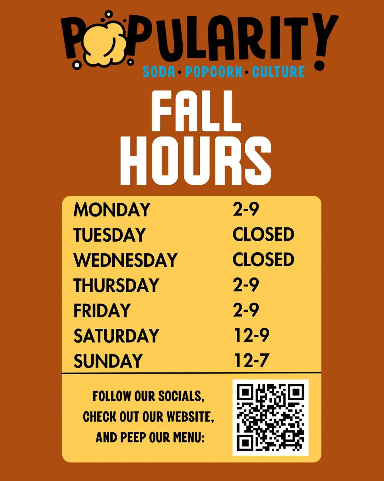 **UPDATED Fall Hours** 
We are going back to closing at 9pm on Fridays & Saturdays, effective immediately.  But stay tuned, as we have plans in the works to stay open even later on weekends soon! 
.
.
.
.
.
#popularityspc #elmwoodvillage #stepout