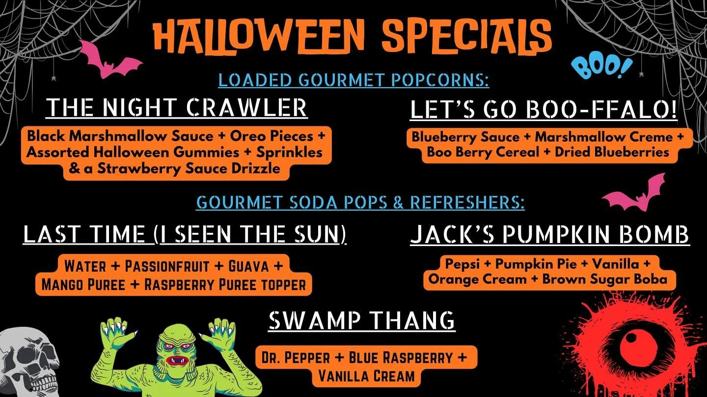 WHAT’S THIS!? Why, it’s POPularity’s official Halloween menu!  These spooky concoctions are hauntingly delicious and sure to make your taste buds screech with joy!  Available now through next weekend 
.
.
.
.
.
#popularityspc #hallo