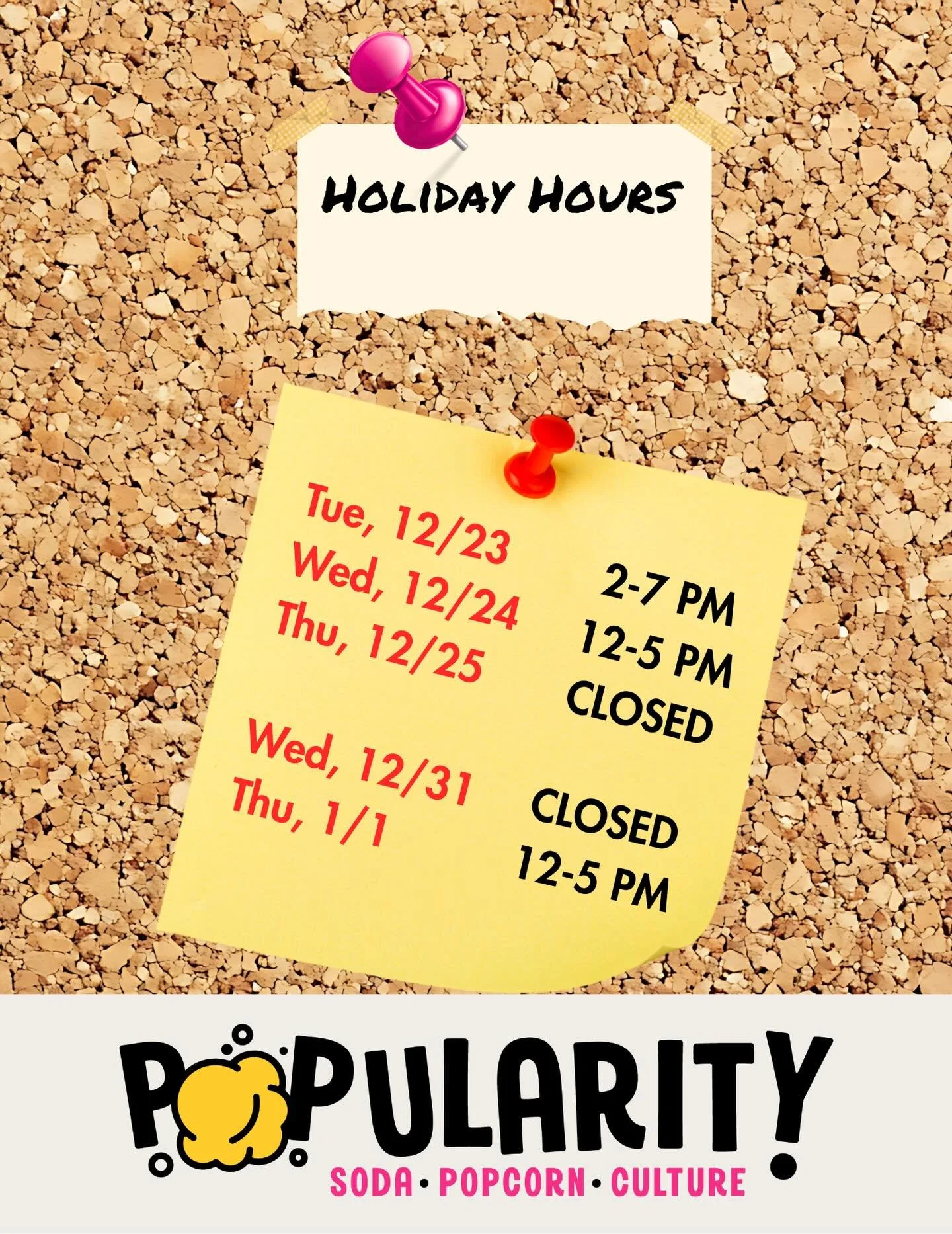 Catch us during our special holiday hours next week and the week after!  We have all your stocking stuffer needs covered between our DIY Gourmet Soda POP kits, gourmet POPcorn bags, and goodies from @jbsbakeshop @bellyboybuffalo @signaturestickerbar 