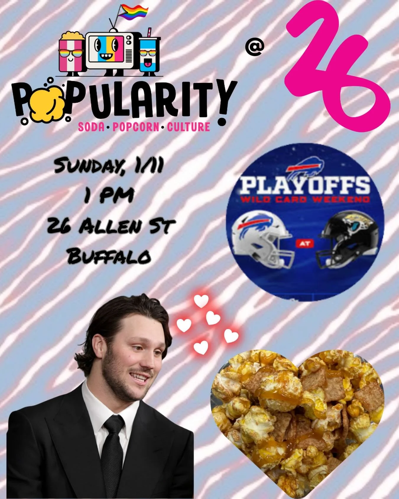 This Sunday, come on down to Buffalo&rsquo;s best bar, @twentysixallen and get yourself Buffalo&rsquo;s best gourmet popcorn, @popularityspc while we watch the NFL&rsquo;s best team, the Bills, skin the Jaguars in the AFC Wild Card round! 

We&rsquo;