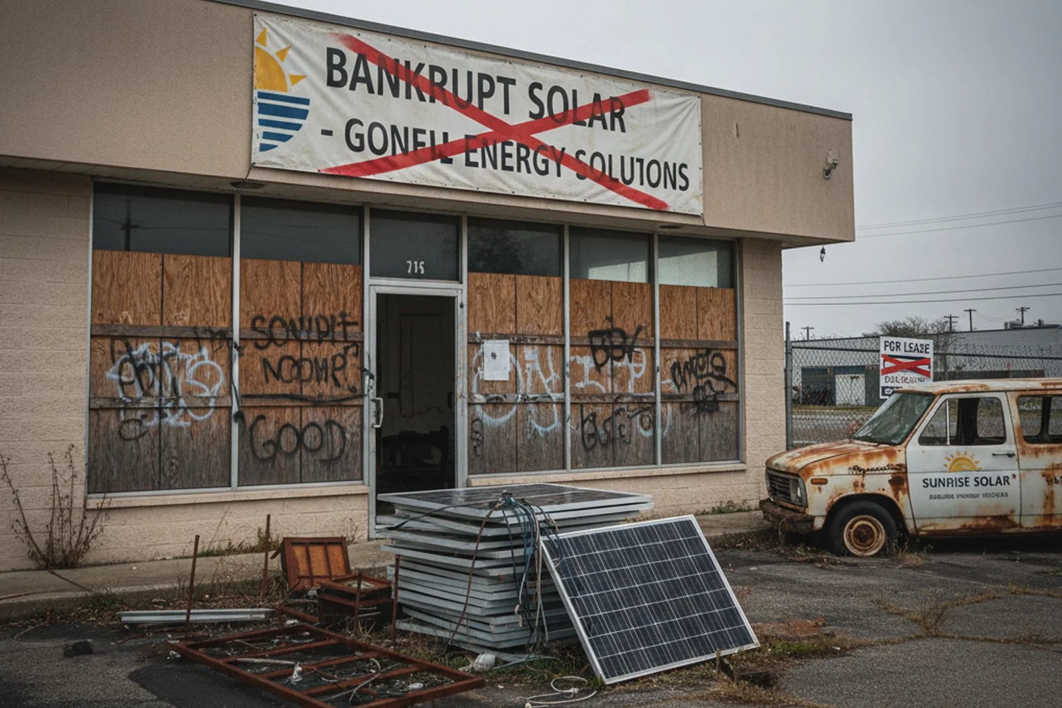 Abandoned solar installer office with boarded windows, graffiti, and a rusted service van, symbolizing a failed solar company.
