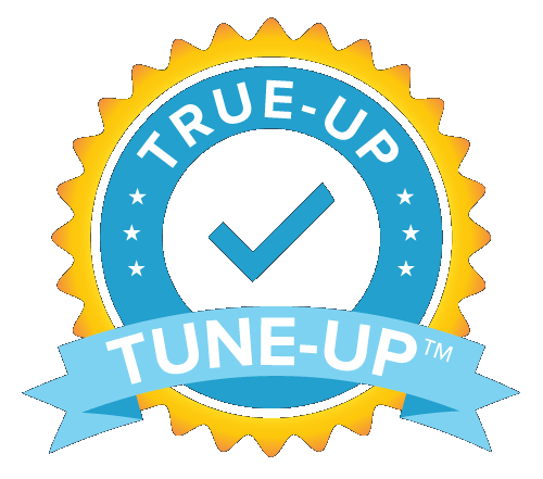 Badge with text "TRUE-UP TUNE-UP™" and a checkmark in the center, surrounded by yellow and blue colors.