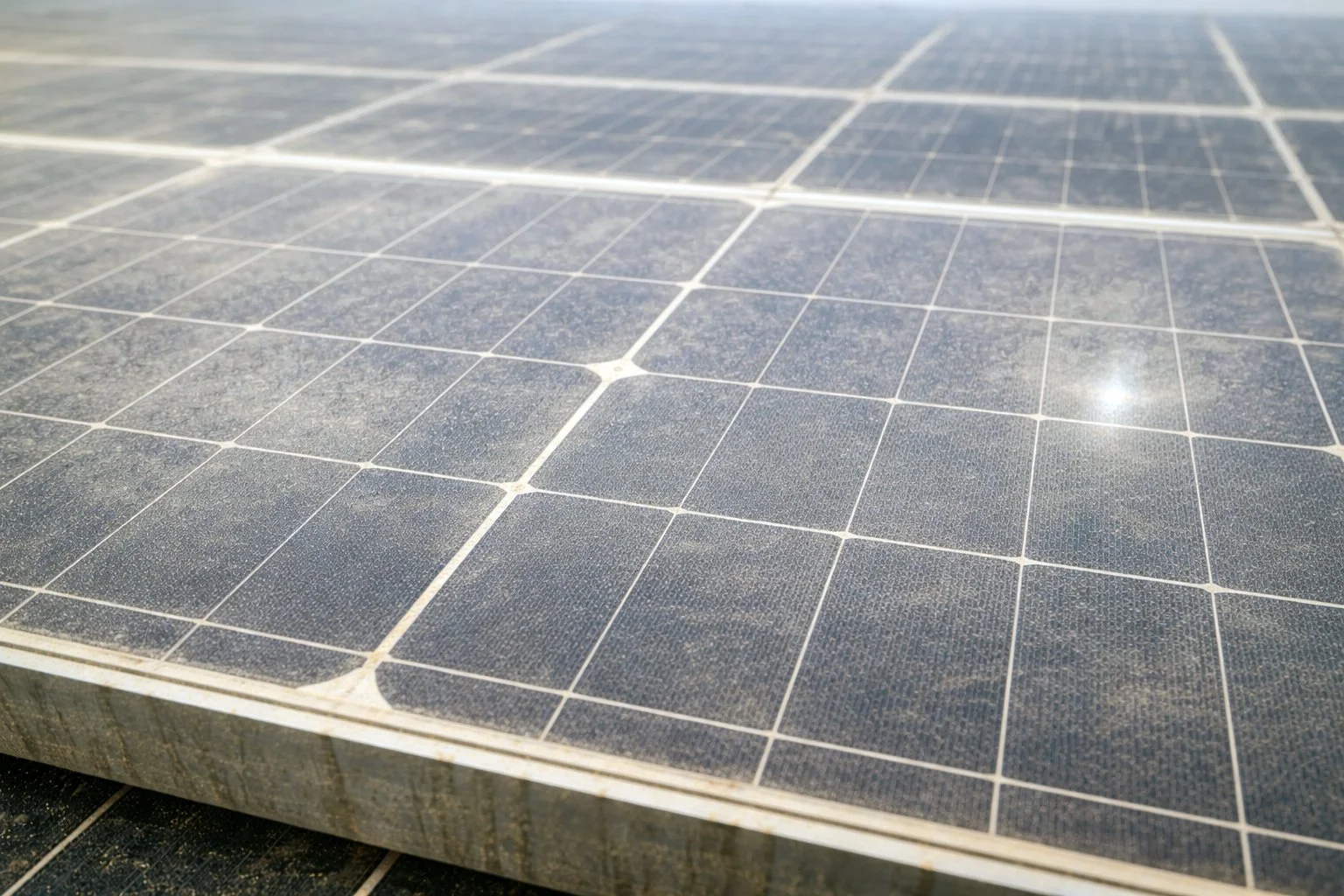Close-up of rooftop solar panels with light dust and residue on the surface in California.
