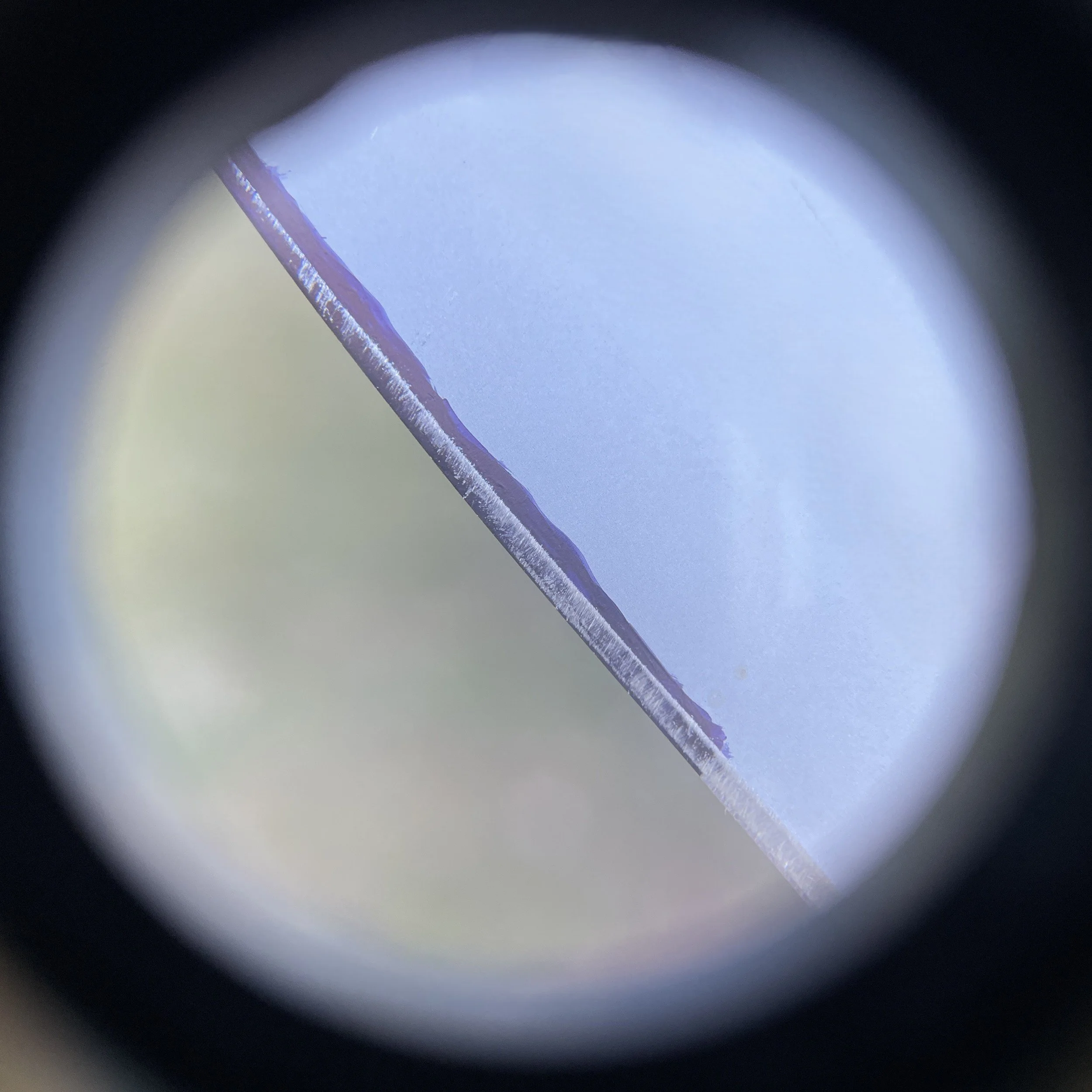 Magnified knife edge showing where permanent marker was worn off after a single sharpening stroke with the knife spine aligned with 4 U.S. pennies which corresponds to about 13 degrees.