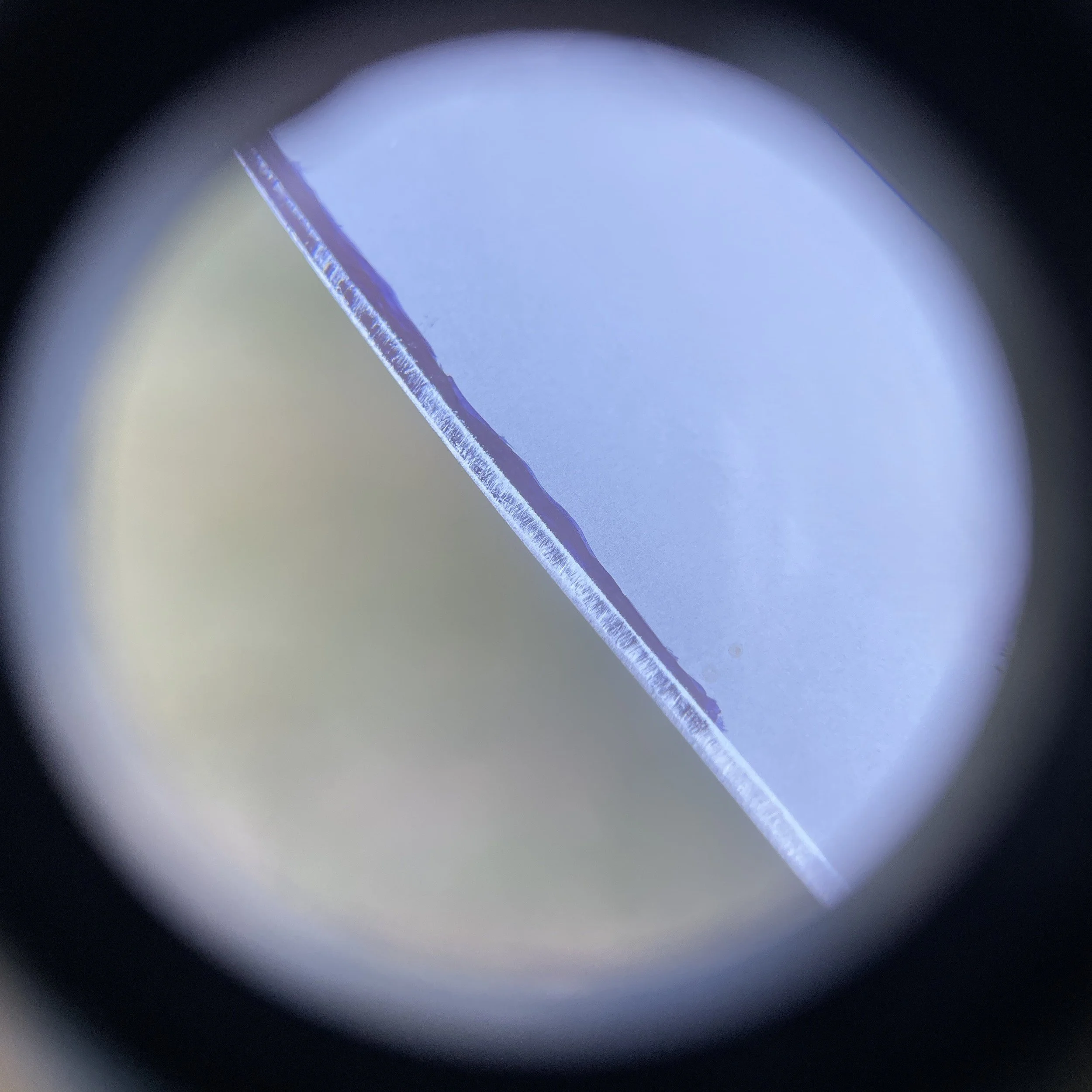 Magnified knife edge showing where permanent marker was worn off after a single sharpening stroke with the knife spine aligned with 6 U.S. pennies which corresponds to 20 degrees.  The marker is now worn off the very apex of the blade.