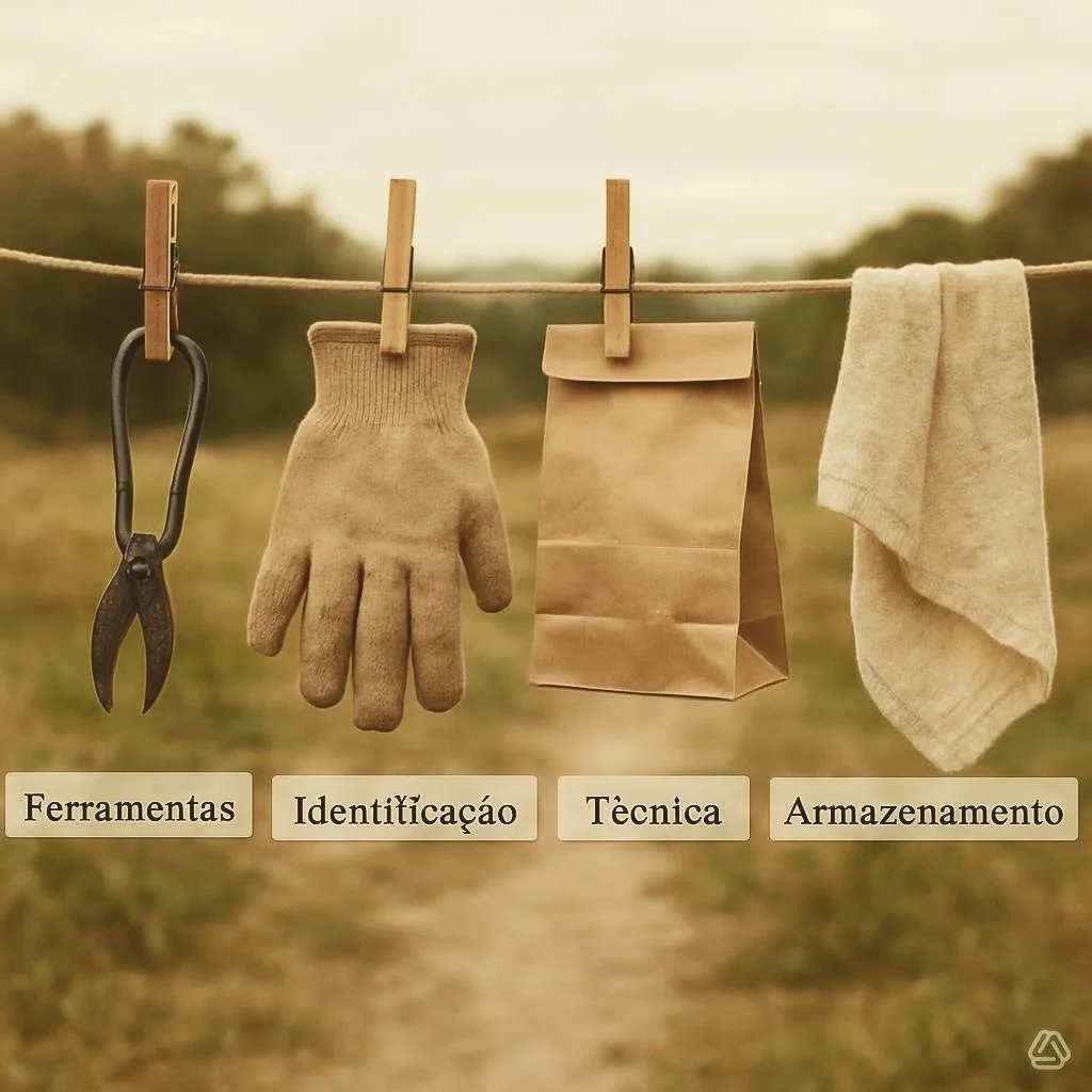 Eis umas indica&ccedil;&otilde;es b&aacute;sicas sobre colheita de plantas medicinais: 
&bull; Ferramentas: tesoura afiada + luvas, se necess&aacute;rio. 
&bull; Identifica&ccedil;&atilde;o: apenas colhe plantas que conheces a 100%. 
&bull; T&eacute;
