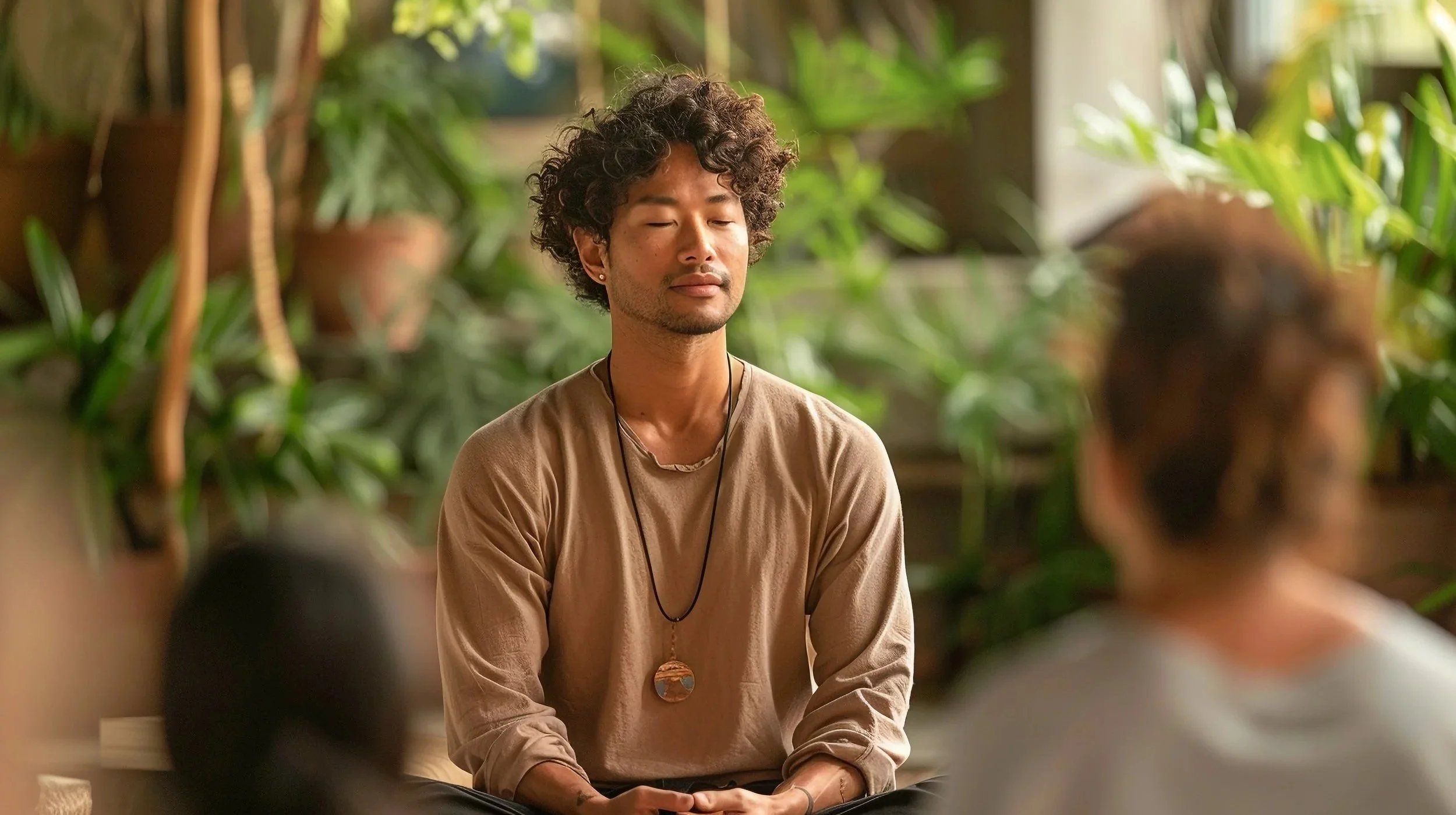 Homem com cabelo encaracolado e expressão calma, sentado com pernas cruzadas, participando de uma atividade de meditação ou relaxamento em ambiente com vegetação ao fundo.