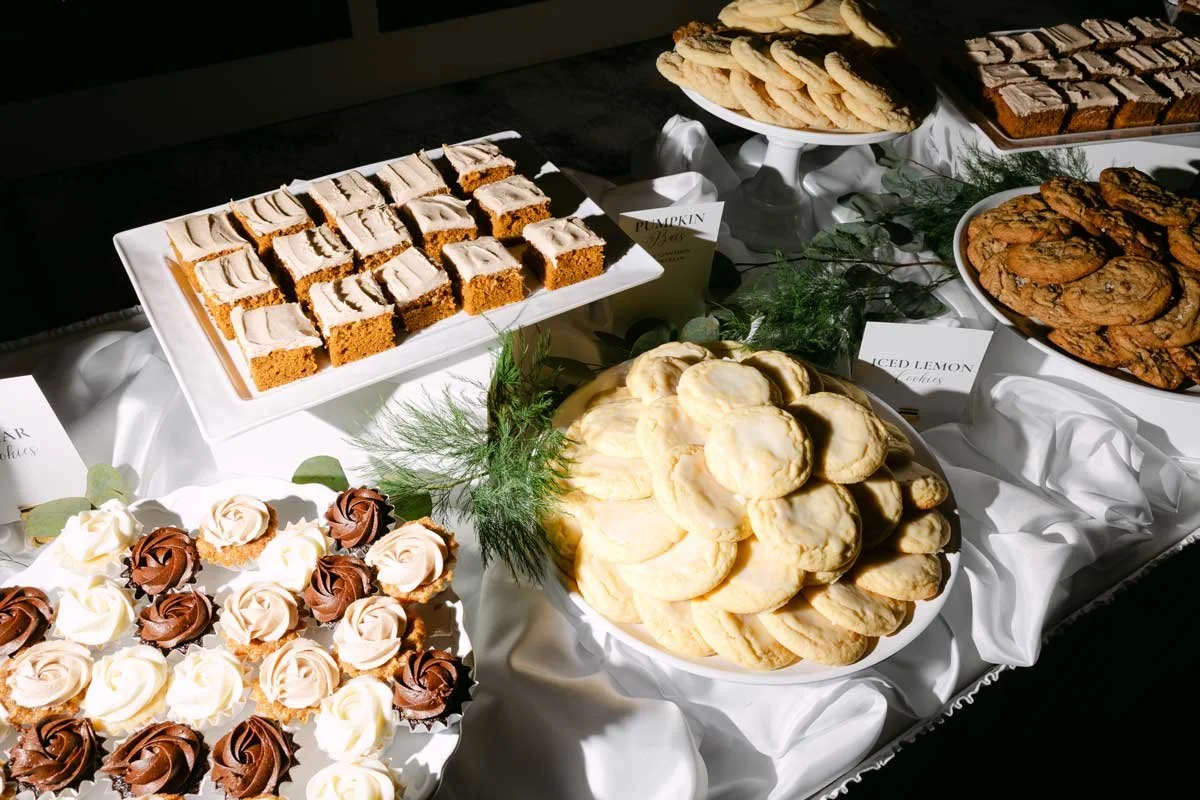 Wedding Dessert Table: Chocolate cupcakes, Lemon Cookies, apple bars