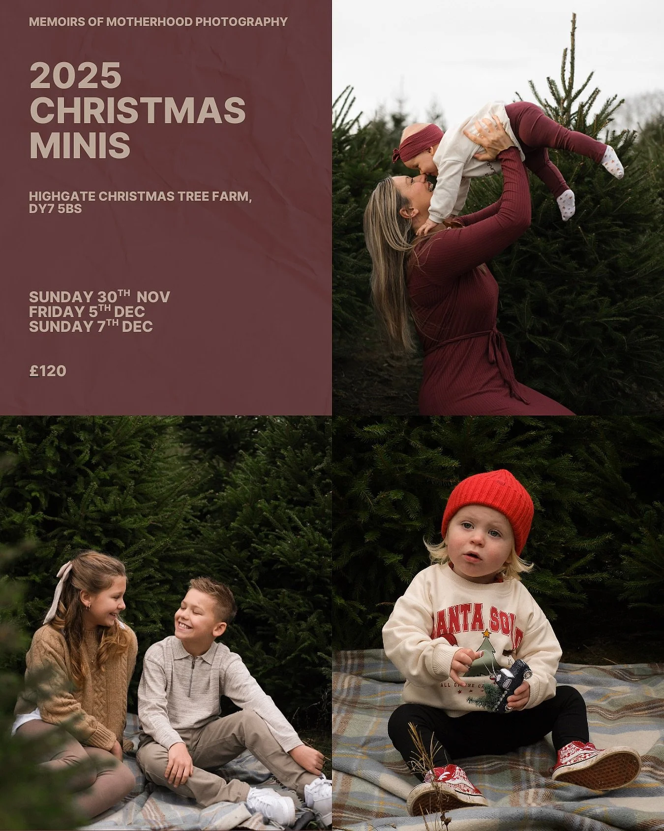 Here we go! 

Booking is now live for my 2025 Christmas Mini Sessions at Highgate Christmas Tree Farm (DY7 5BS).
&nbsp;
These sessions are the perfect way to capture festive memories with your loved ones &ndash; whether it&rsquo;s the whole family, s