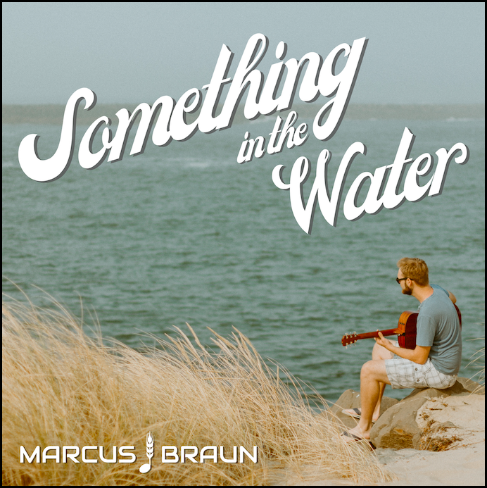 A man sitting on a rocky beach playing an acoustic guitar next to the water with tall grass in the foreground and a cloudy sky in the background. The text says 'Something in the Water' and the artist's name, Marcus Braun.