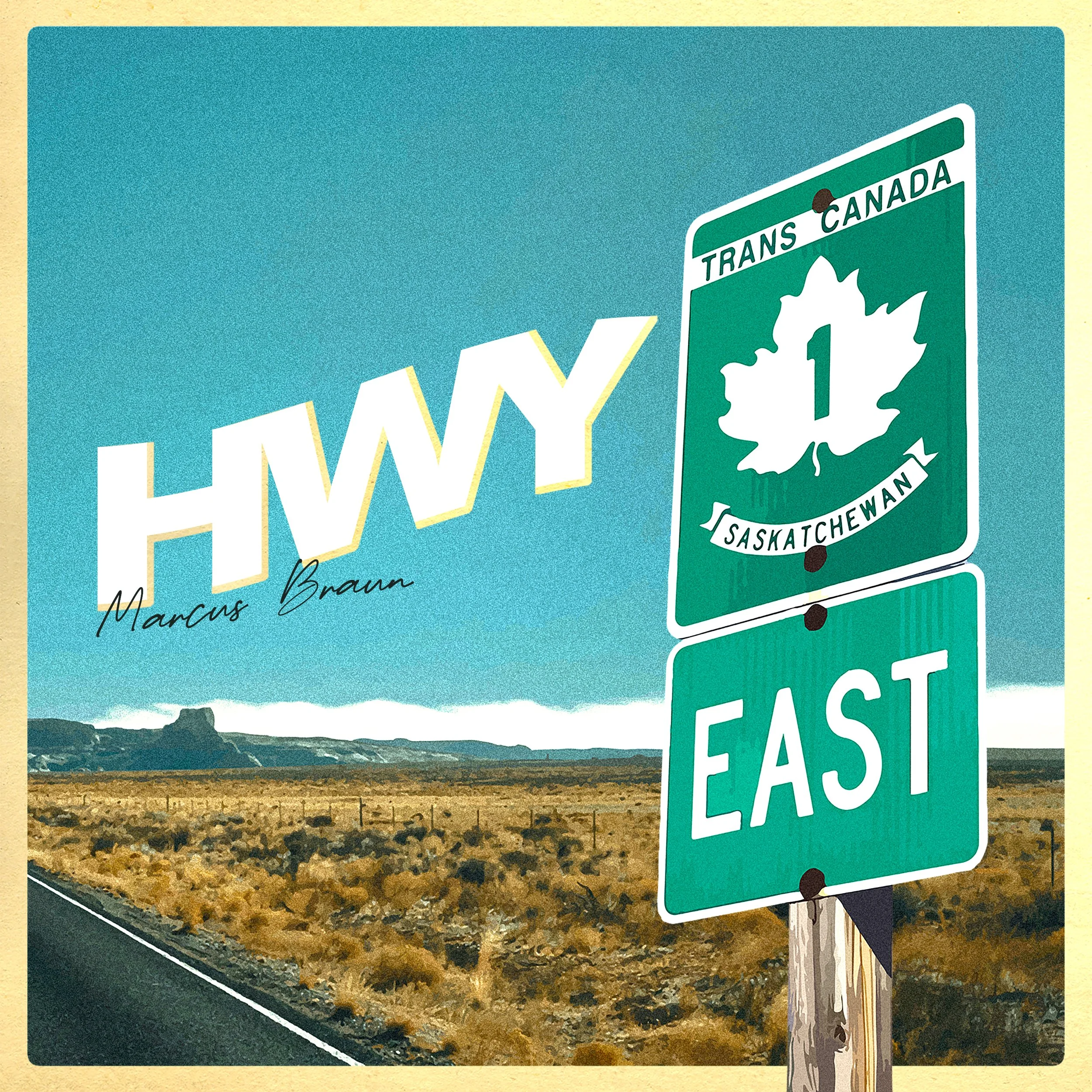 A highway road sign in Saskatchewan, Canada, indicating the Trans-Canada Highway 1 East. The sign features a maple leaf emblem, and a landscape with a highway, desert, mountains, and a partly cloudy sky in the background.