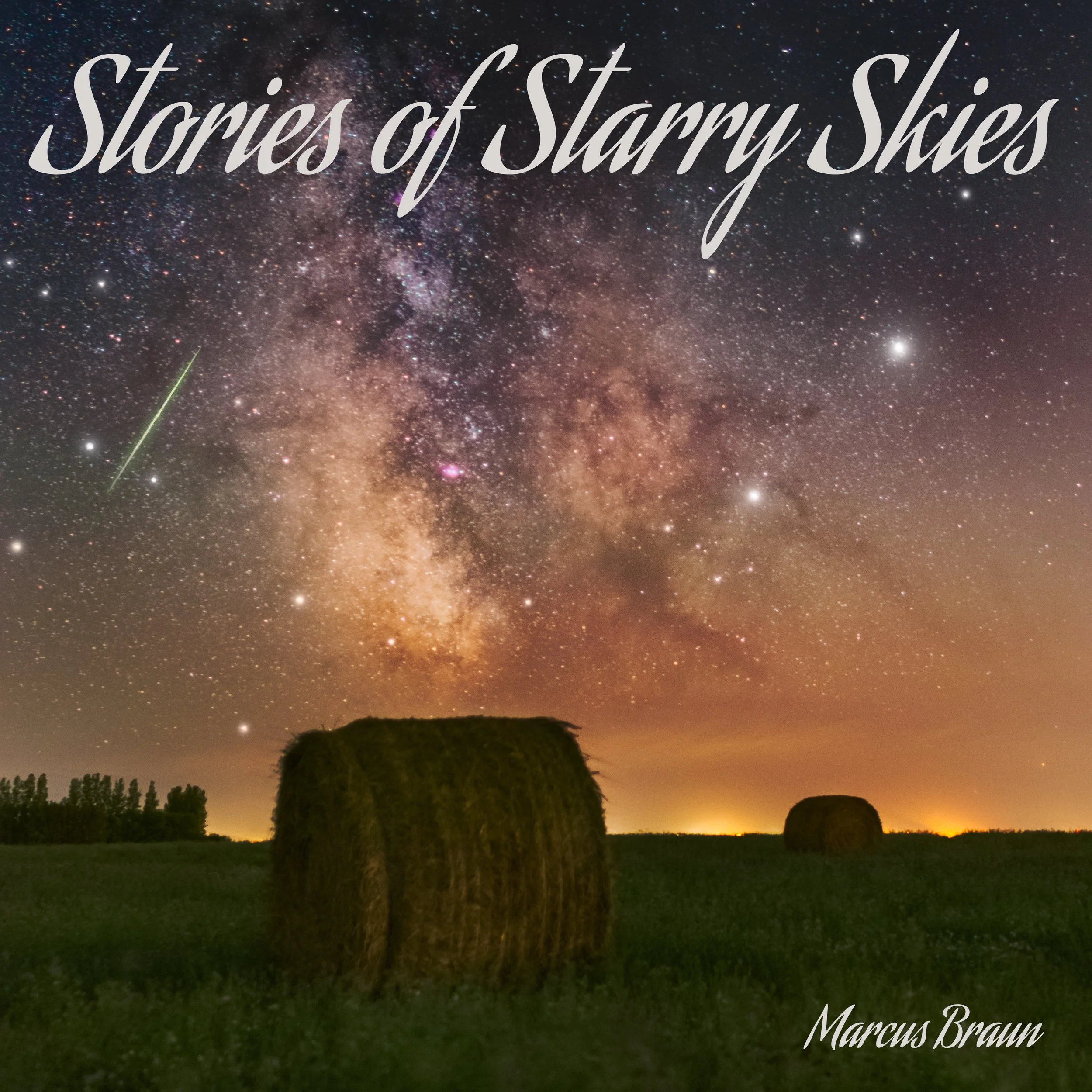 Nighttime rural scene with hay bales in a field, under a star-filled sky and the Milky Way galaxy.