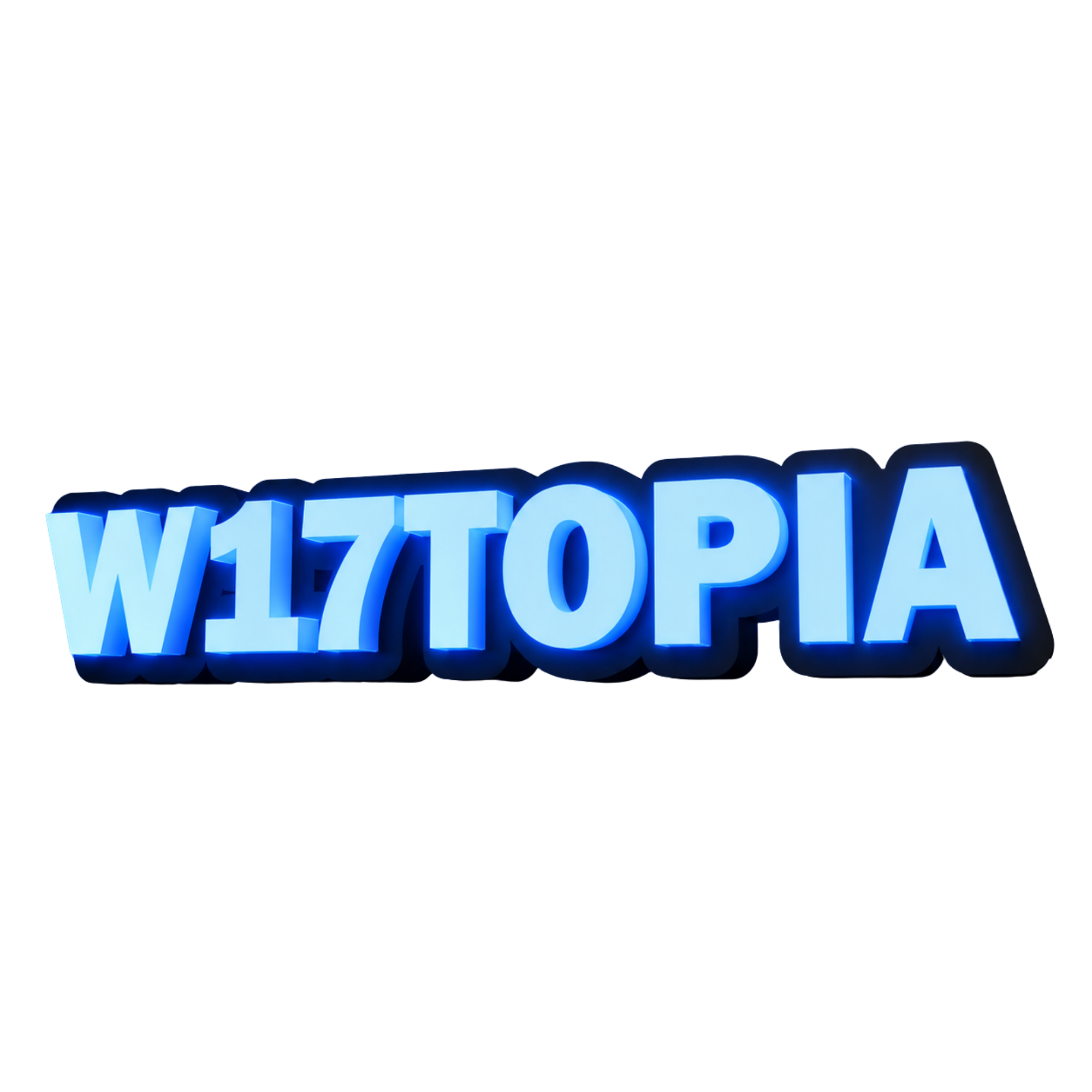 A freestanding blue illuminated wordmark with a dark dimensional frame.