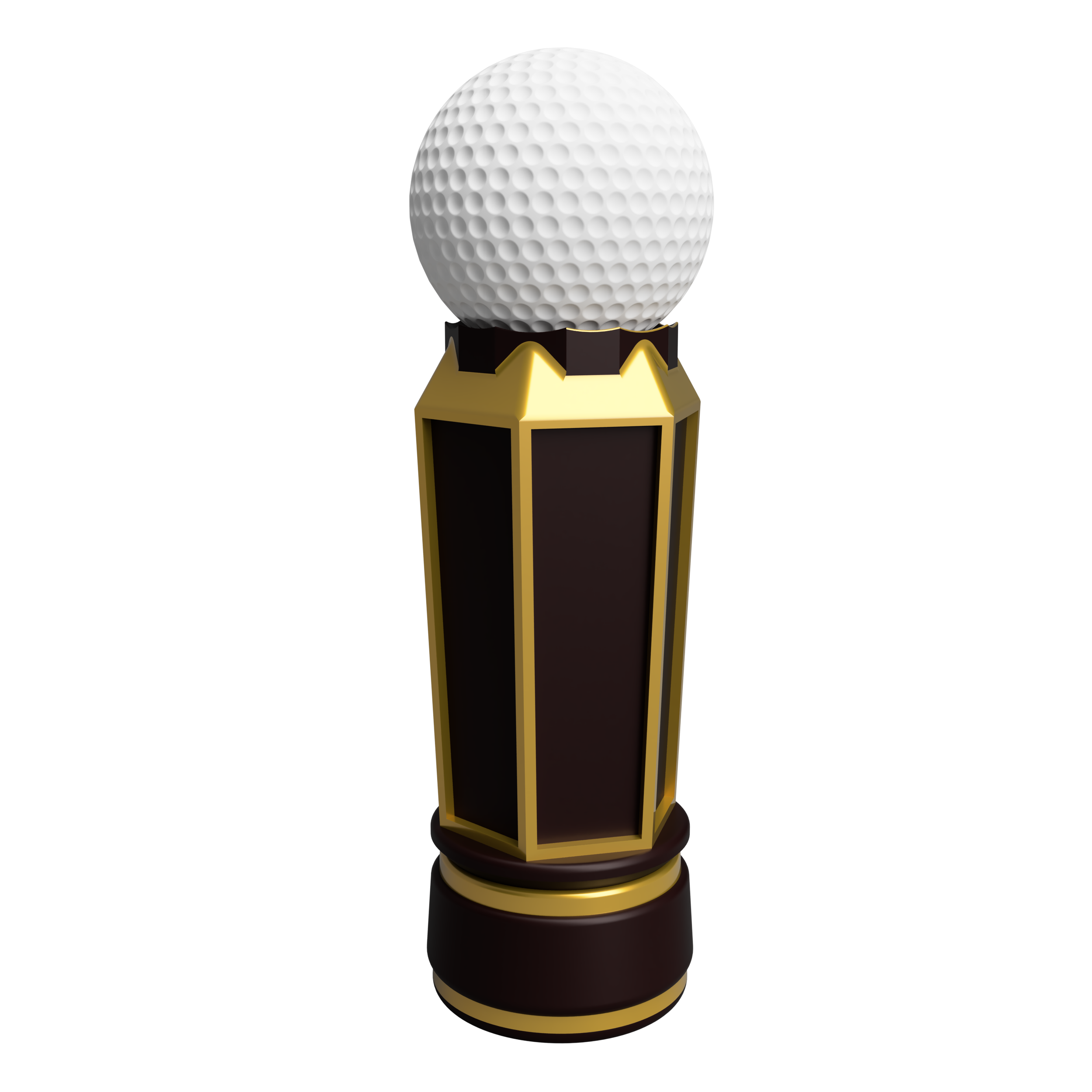 White golf ball on a geometric brown and gold trophy base.