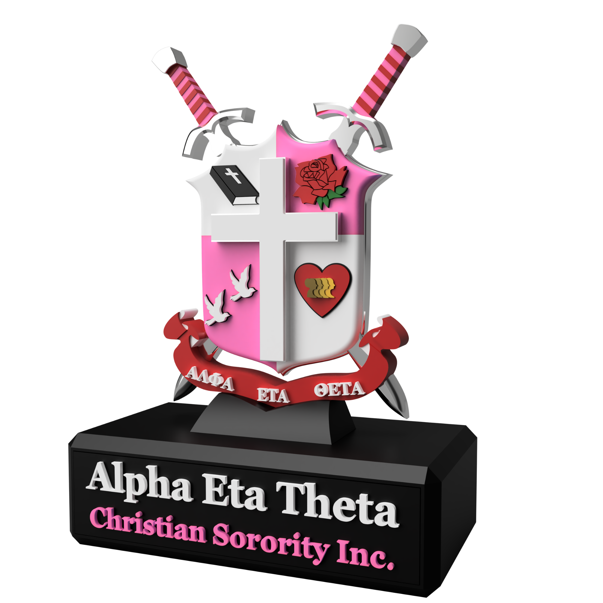 A colorful Alpha Eta Theta crest sculpture on a personalized black display base.