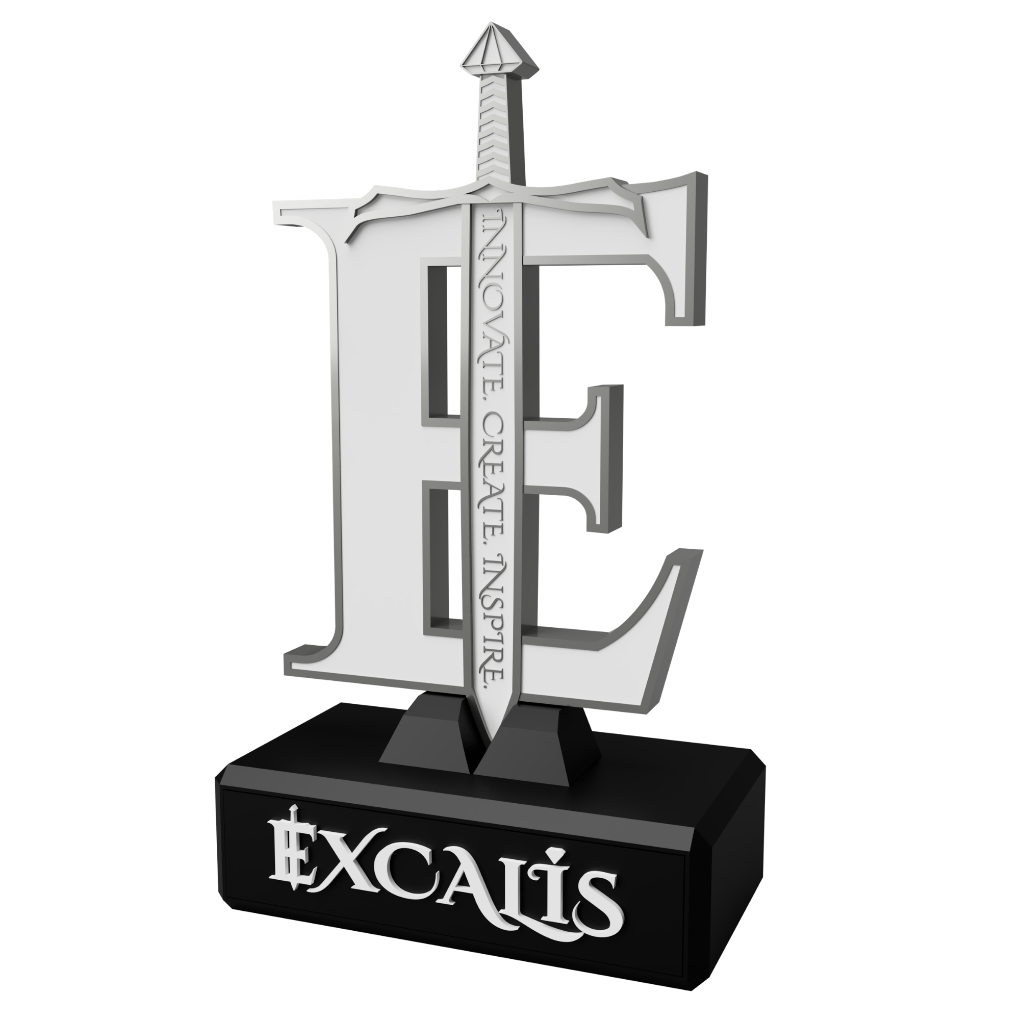 The Excalis sword-and-E emblem in a silver finish on a black branded display base.