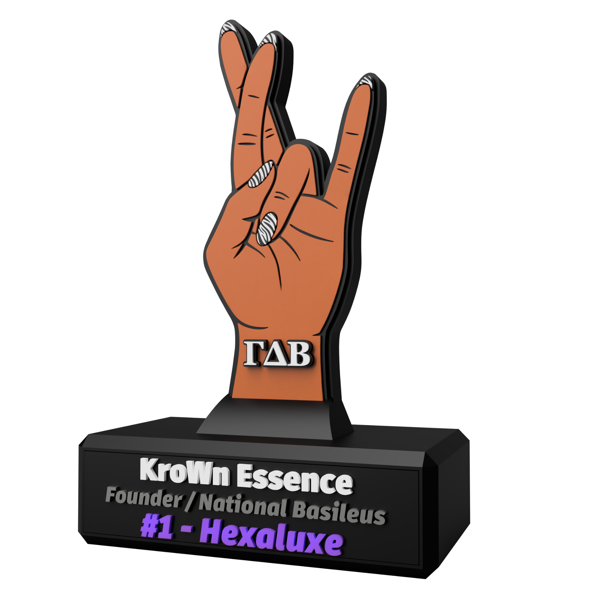 A hand-sign sculpture with raised Greek lettering mounted on a personalized black base.