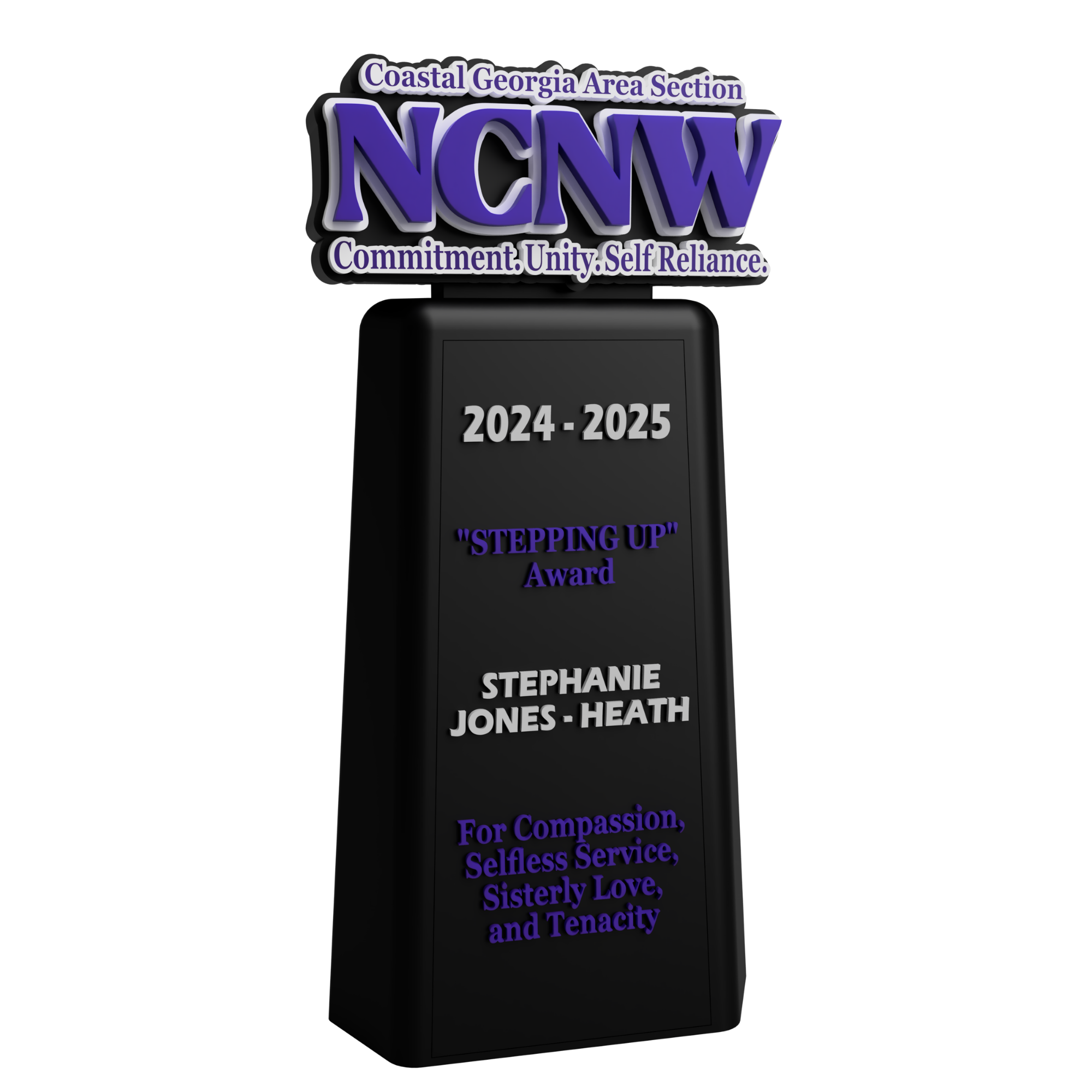 An NCNW recognition trophy with a purple letterform emblem and personalized black base.