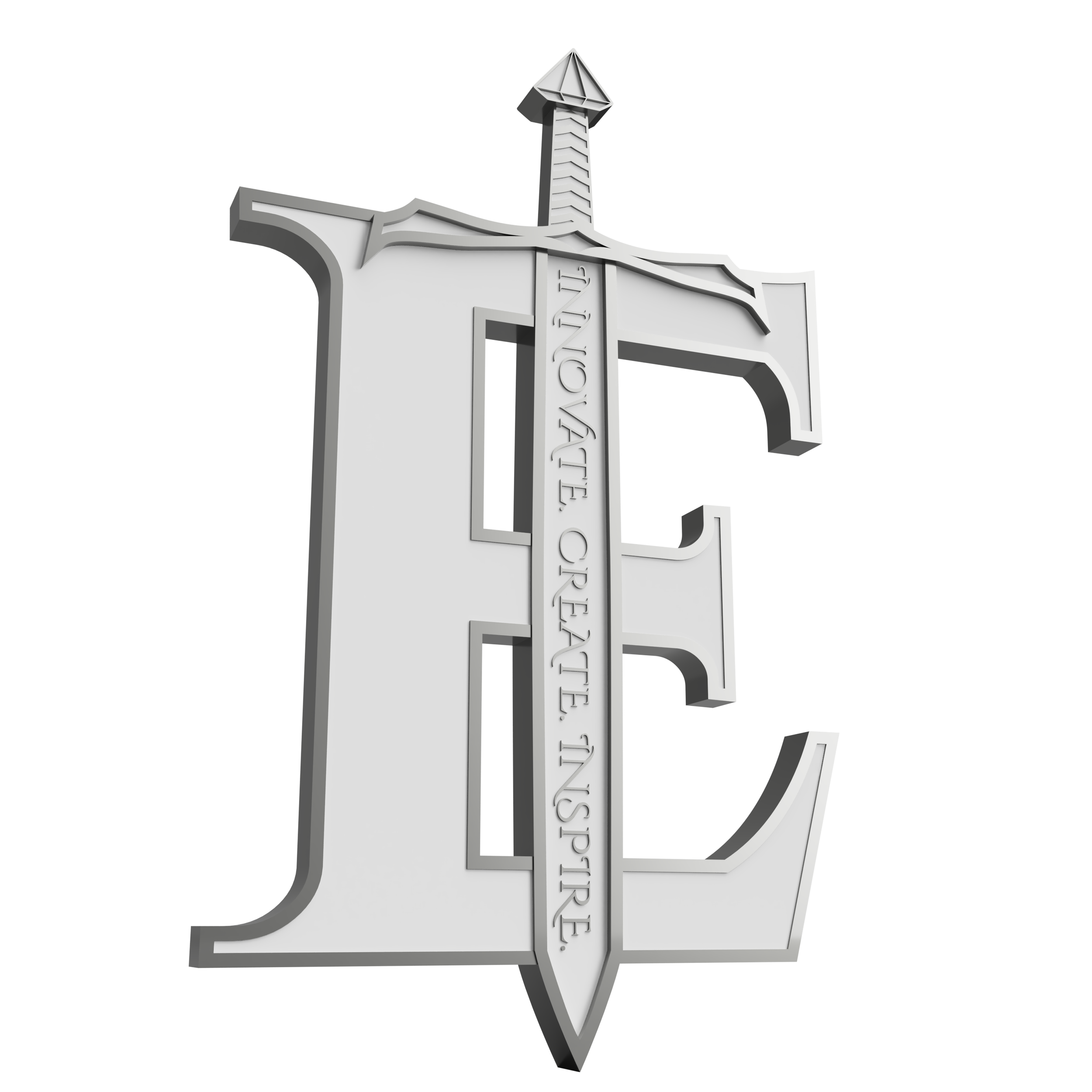 Sculptural Excalis E and sword emblem with the words Innovate, Create, Inspire.