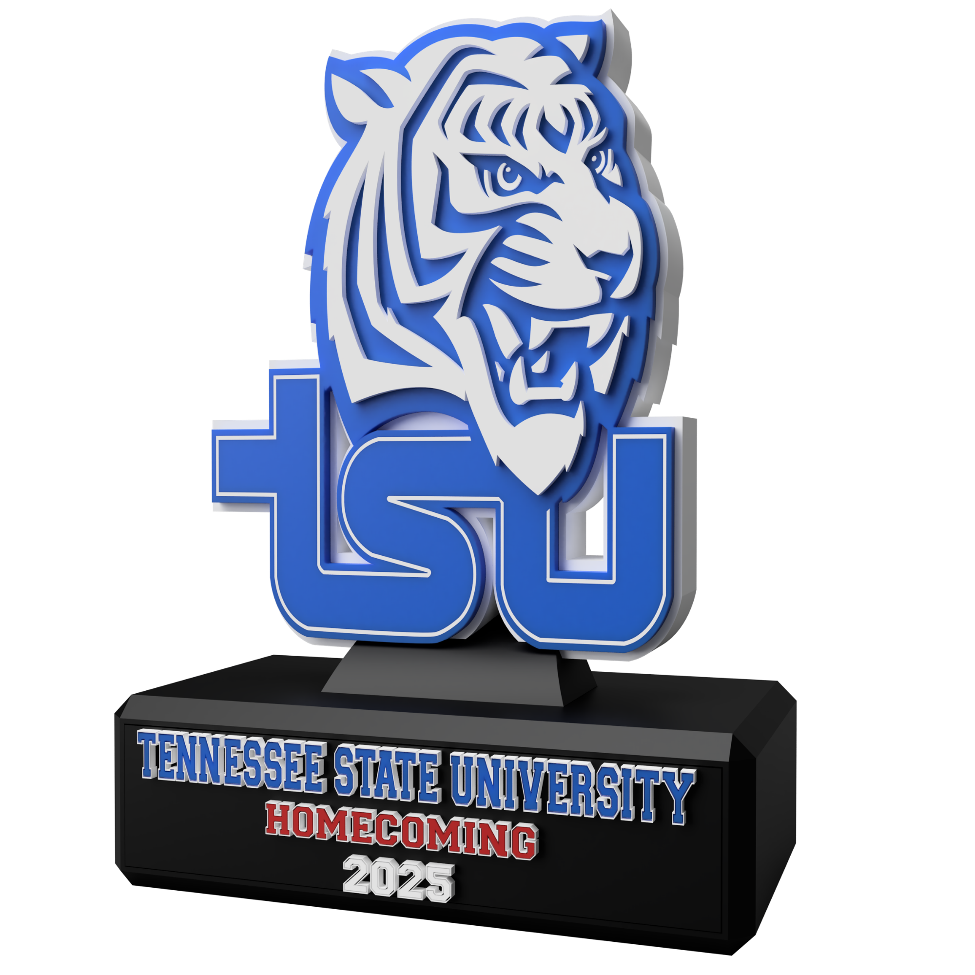 A blue and white TSU tiger emblem mounted on a personalized homecoming award base.