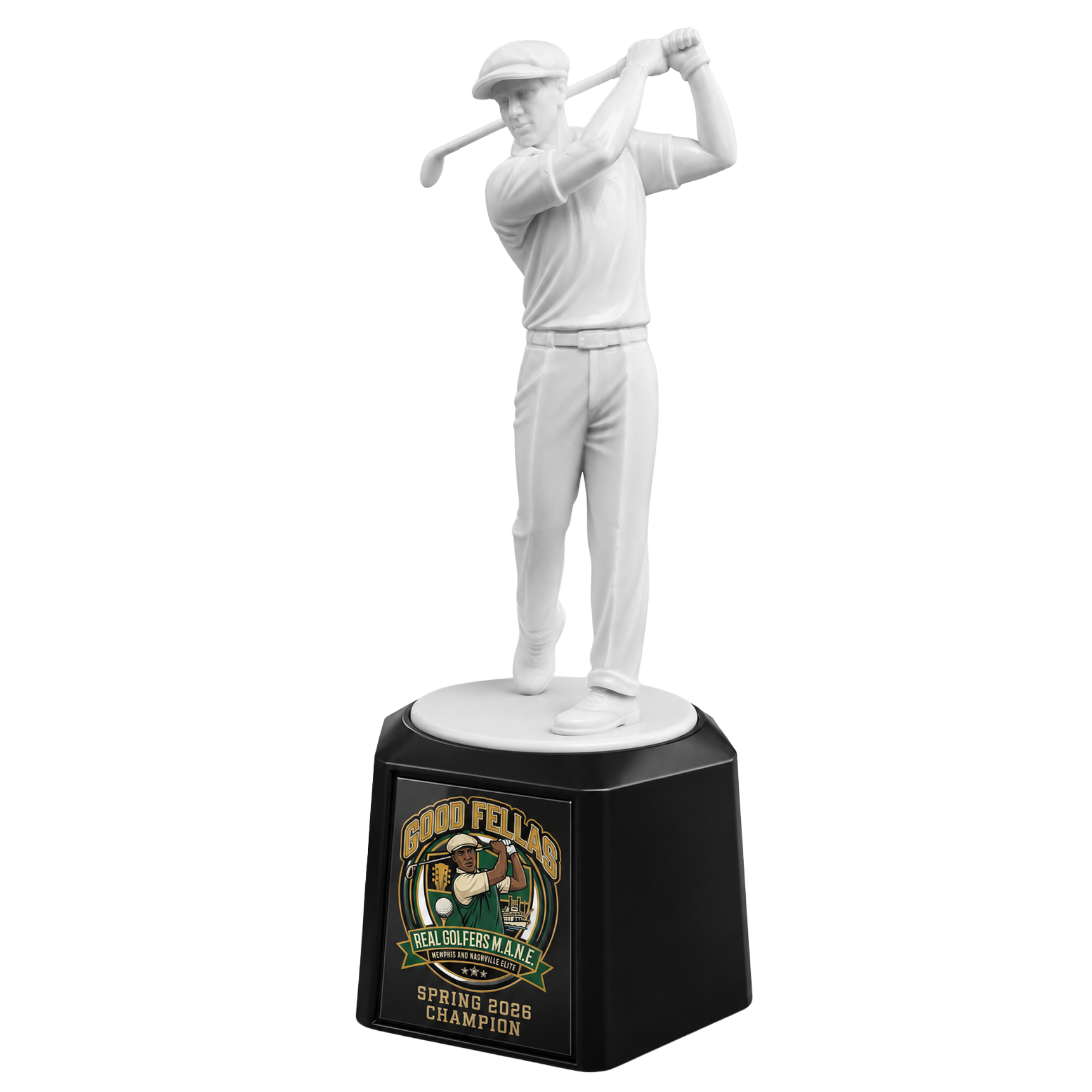A white golfer sculpture in a finishing swing mounted on a black trophy base.