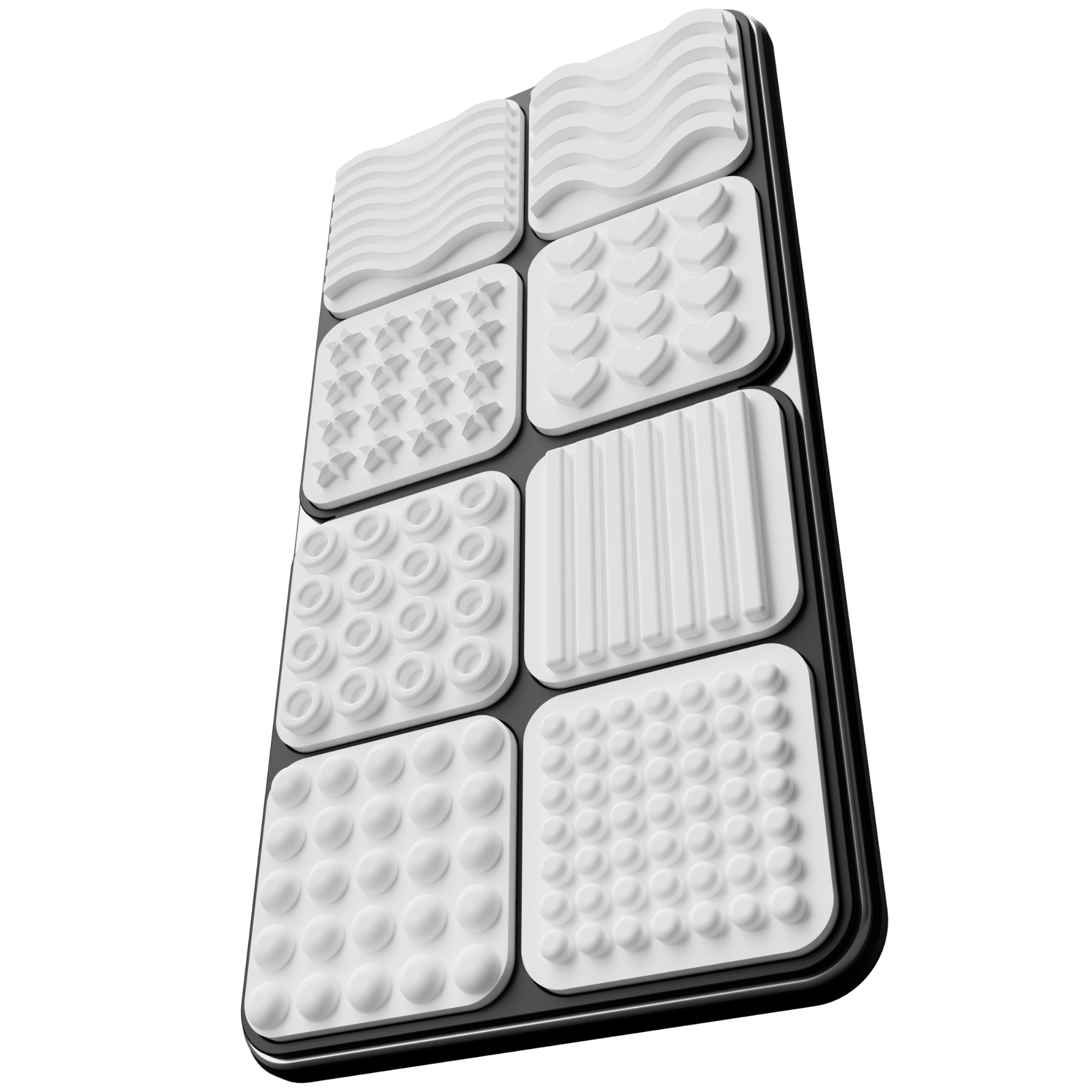 Flexible TPU sample board with raised hearts, stars, nubs and other tactile patterns.