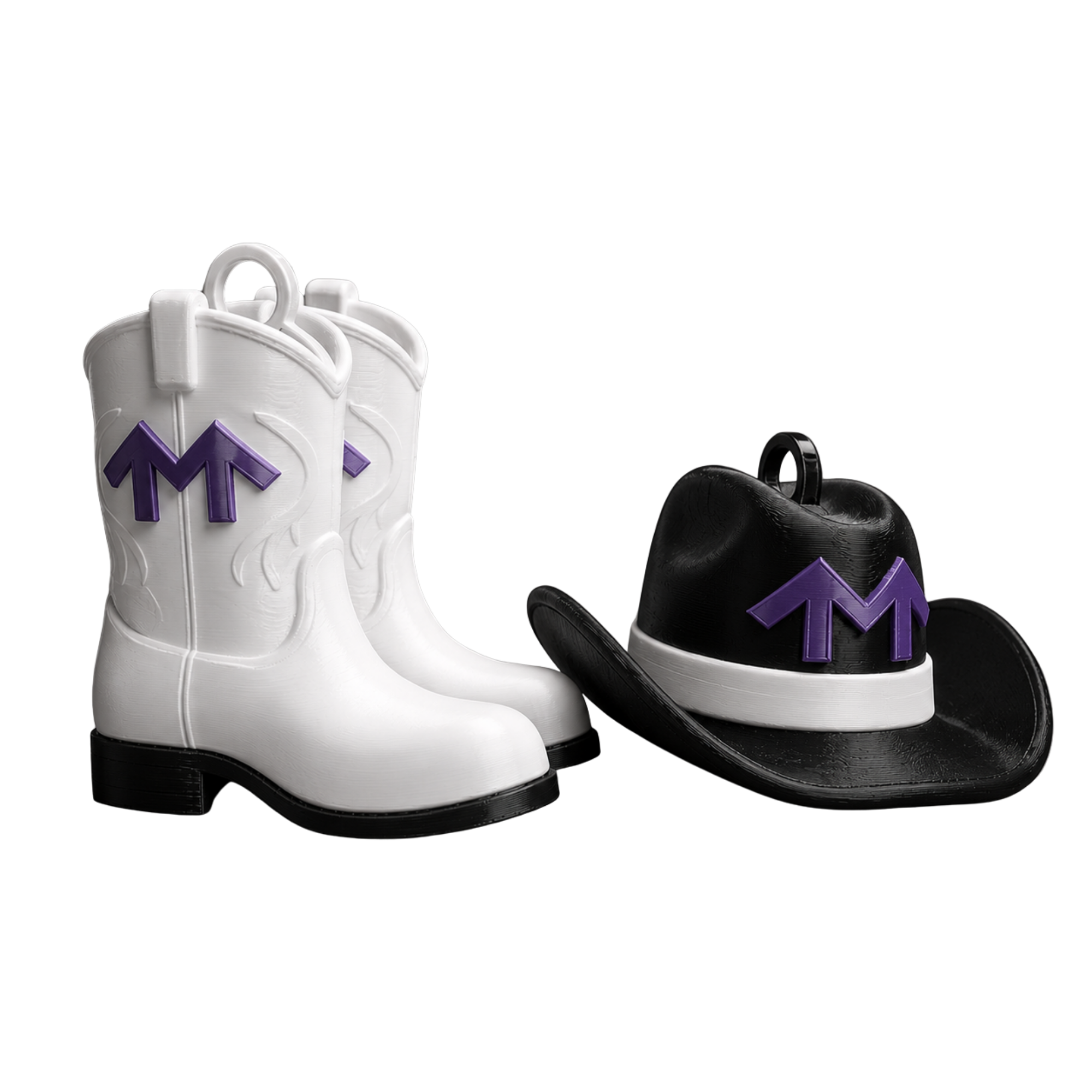 Metropolis Nashville souvenir charms featuring a white pair of cowboy boots and black cowboy hat with purple branding.