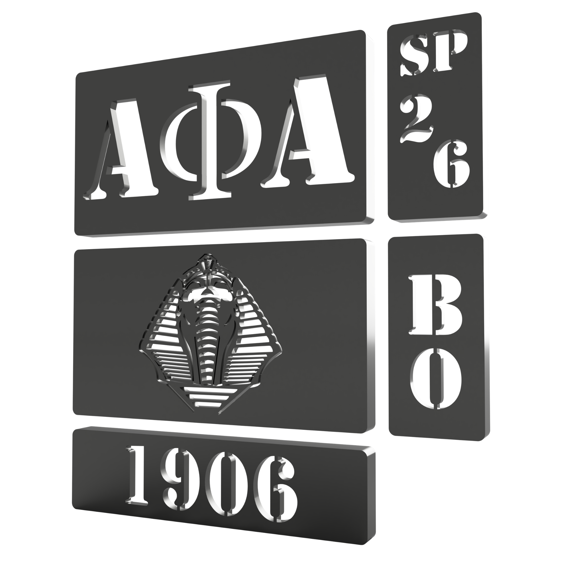 A set of dark stencil panels featuring Alpha Phi Alpha lettering, a sphinx motif and the year 1906.