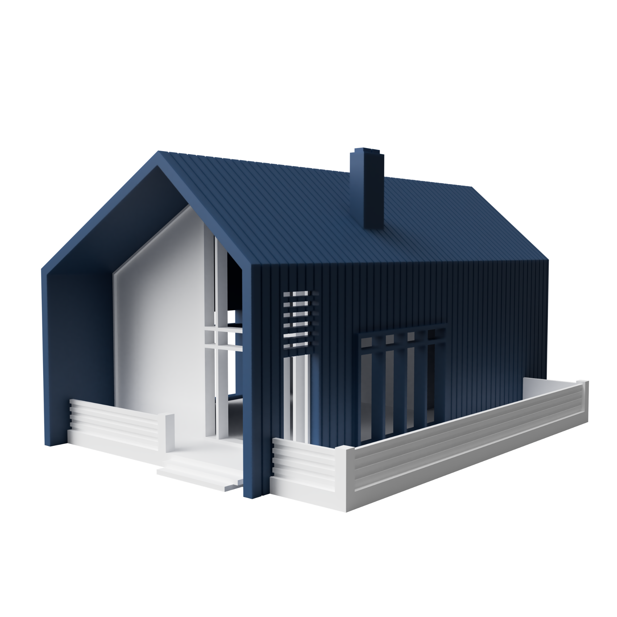 A bungalow architectural model with a dark pitched roof, deep blue exterior and open cutaway interior.