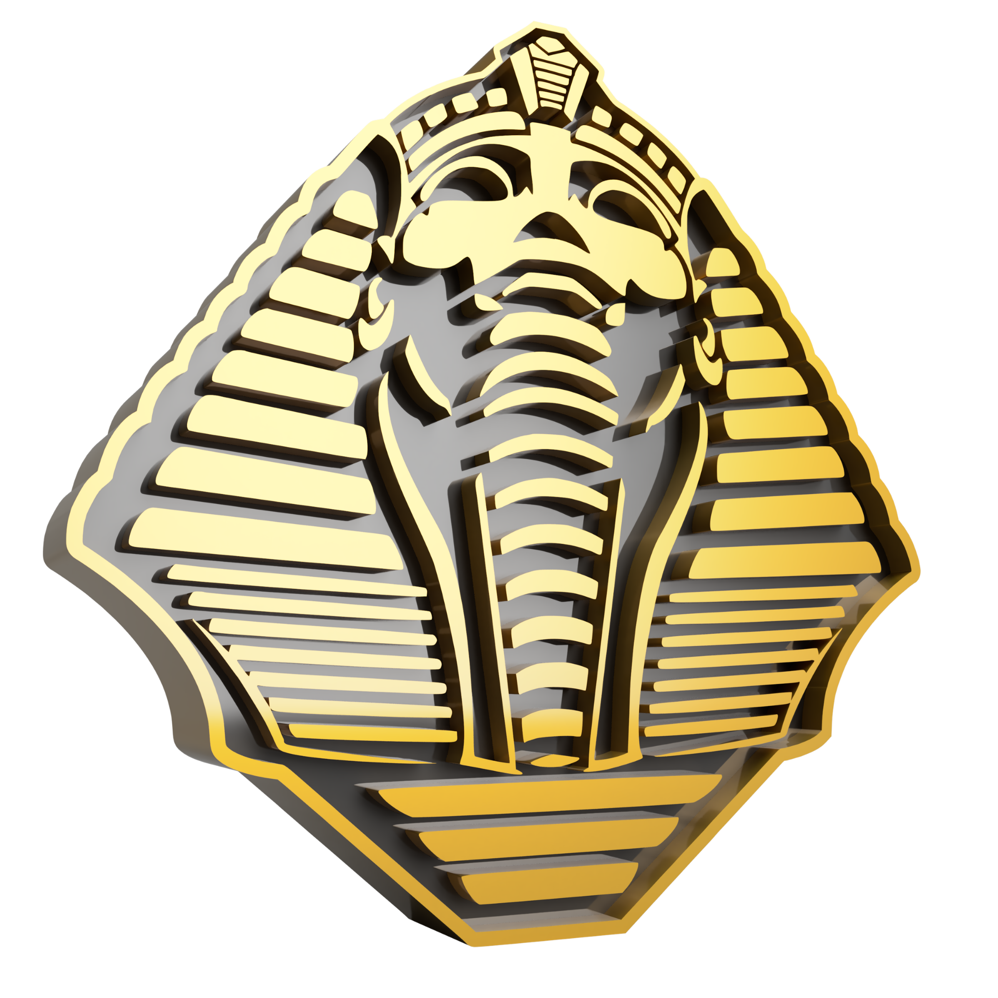 A black and gold sphinx-inspired bust with a sculptural striped headdress.