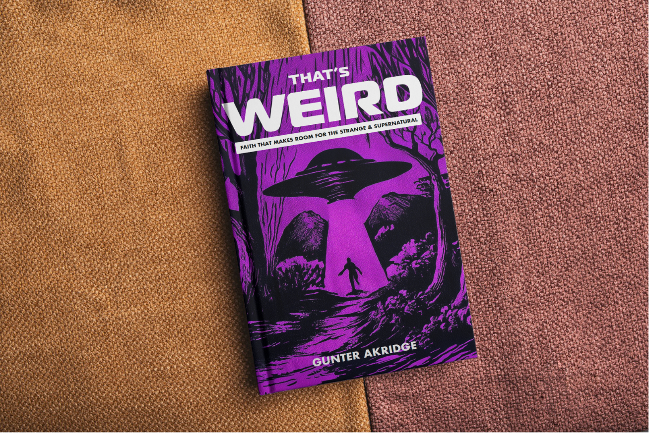 Cover of a book titled 'That's Weird' by Gunter AKridge, featuring purple and black artwork of a UFO and a person walking through a forest.