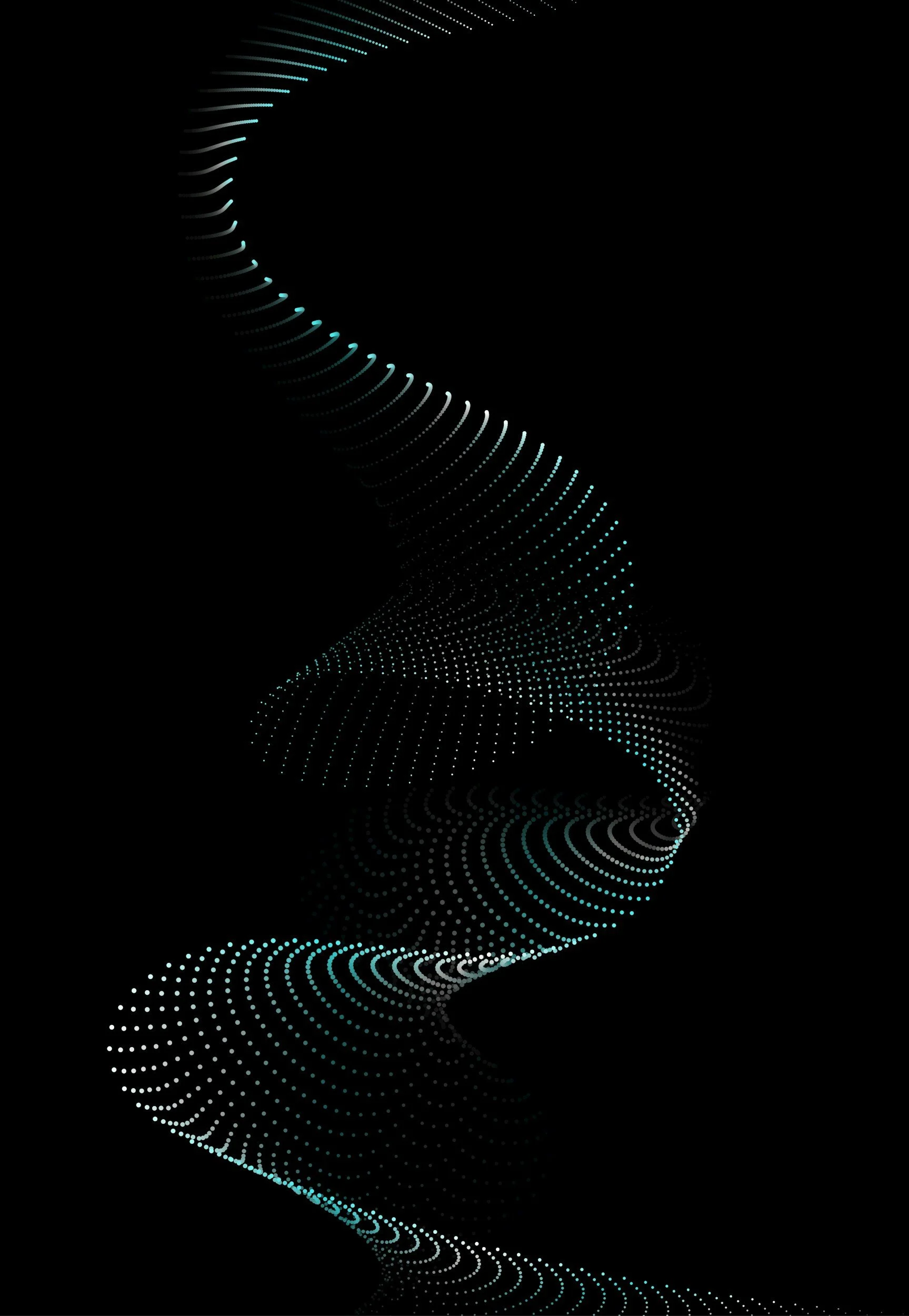 Abstract digital art featuring a flowing, spiral pattern of white and teal dots against a black background.