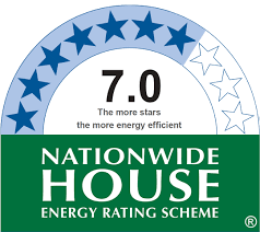 Energy rating label showing a 7.0 score, with a green banner reading 'Nationwide House Energy Rating Scheme'