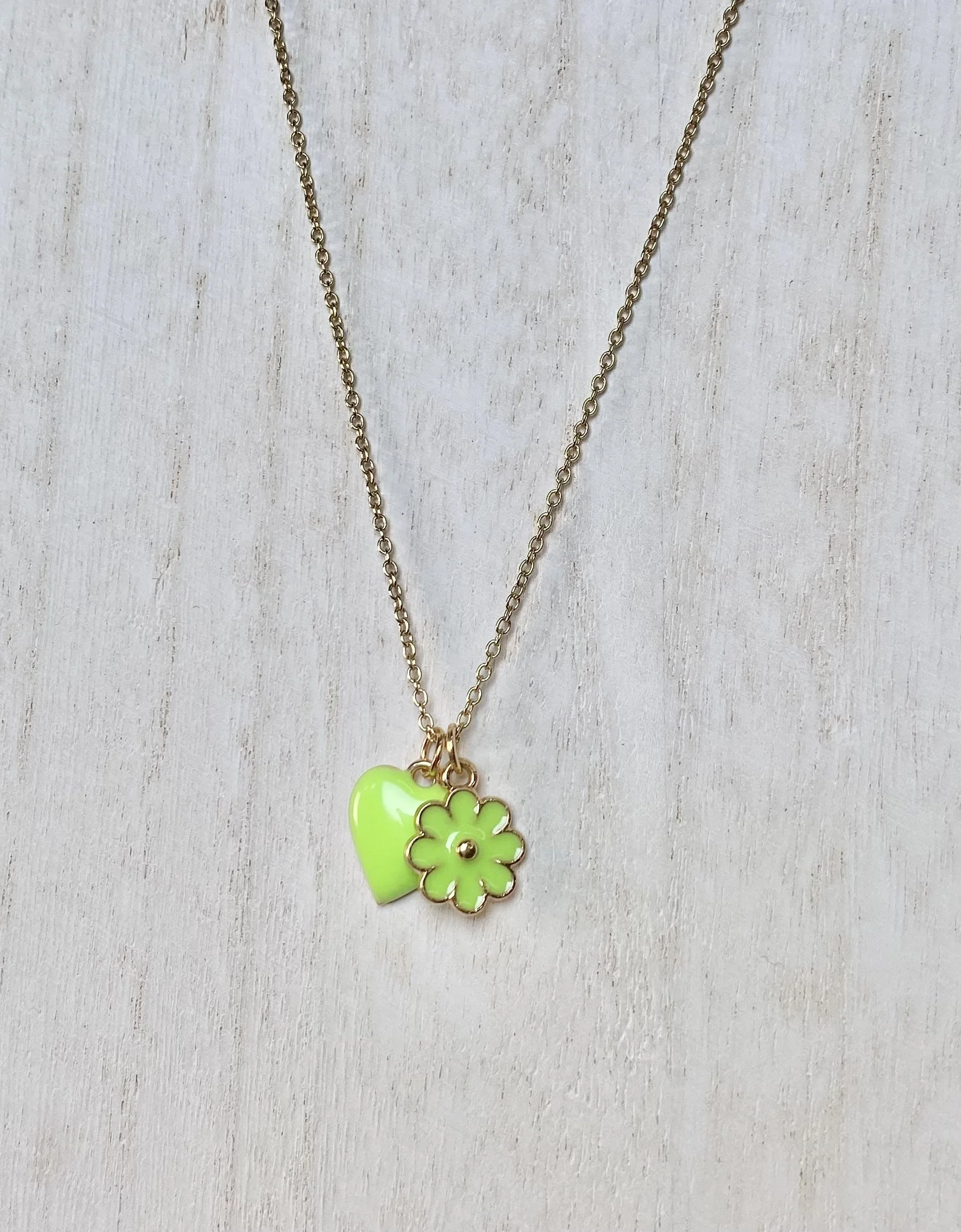 Kids Flower Heart Necklace - Lime Green