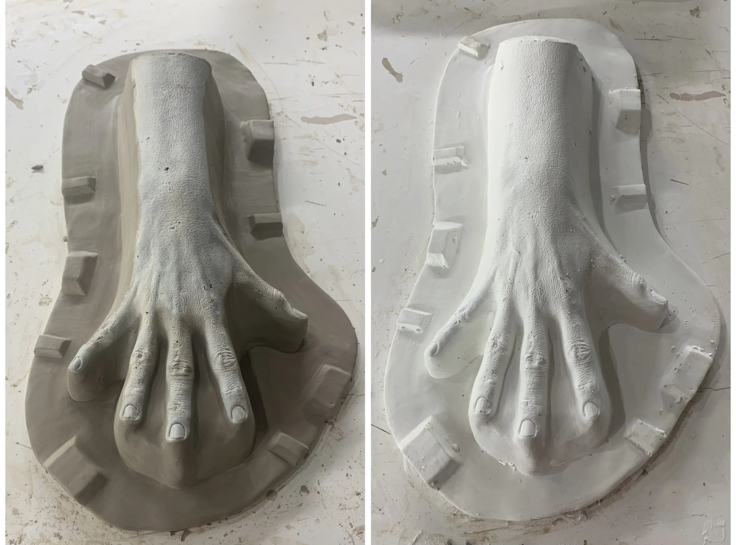 Clay layup and resin cast of hand and forearm