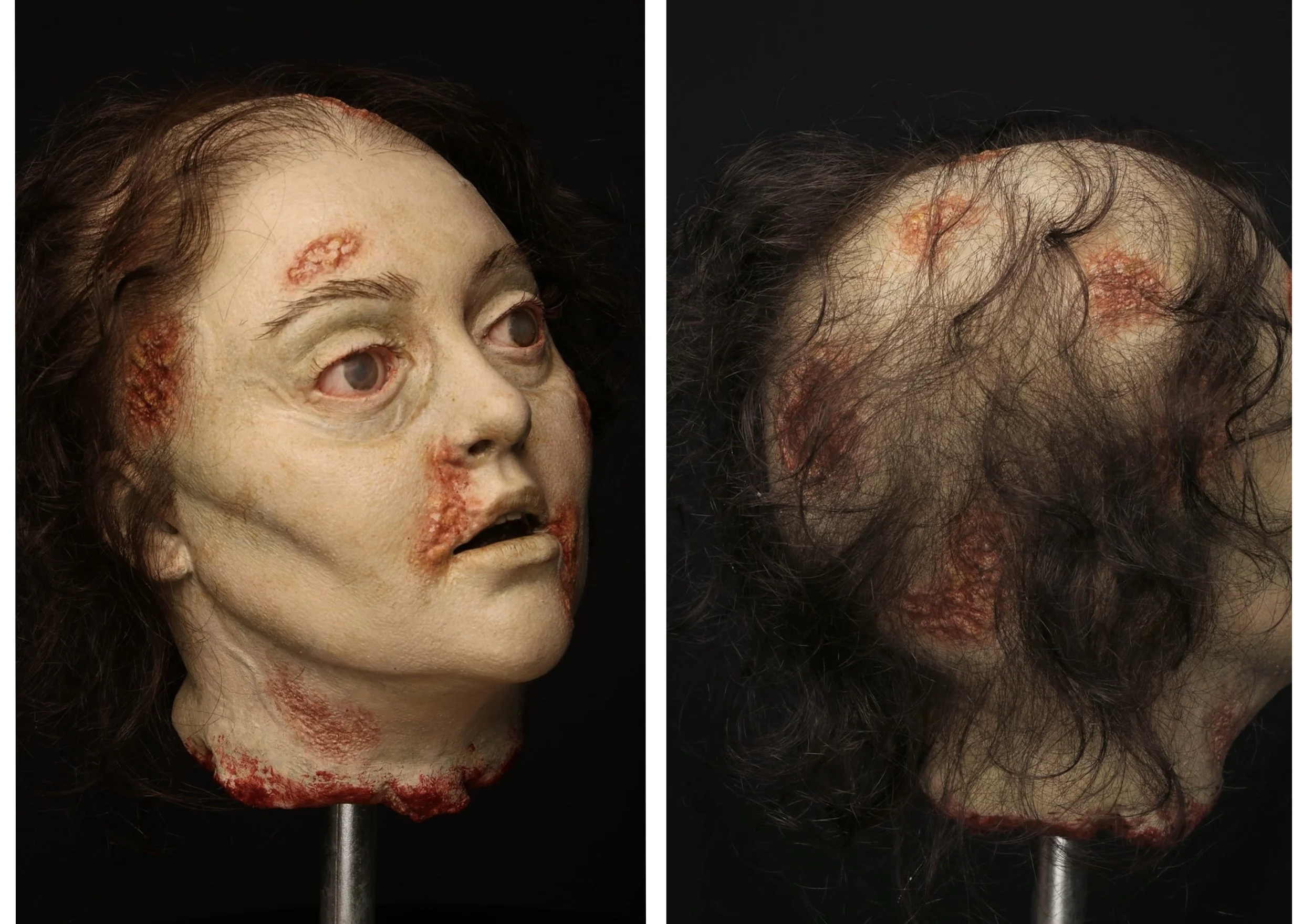 Silicone severed head with hand punched lashes, brows, and hair