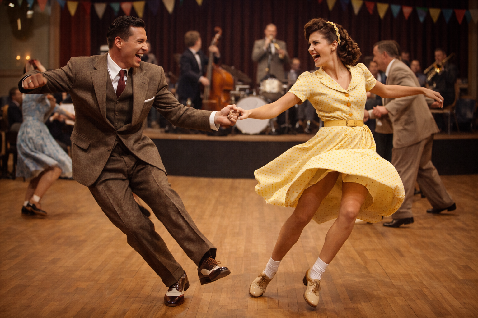 A man and woman dancing together at a vintage dance party, with a band playing in the background.