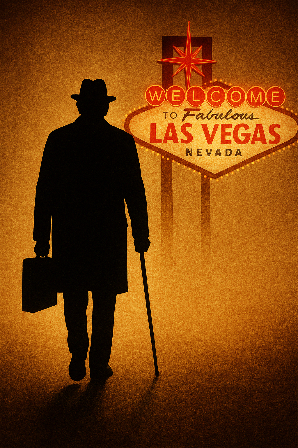 Silhouette of a man in a hat holding a briefcase and cane, walking past the illuminated 'Welcome to Fabulous Las Vegas Nevada' sign.