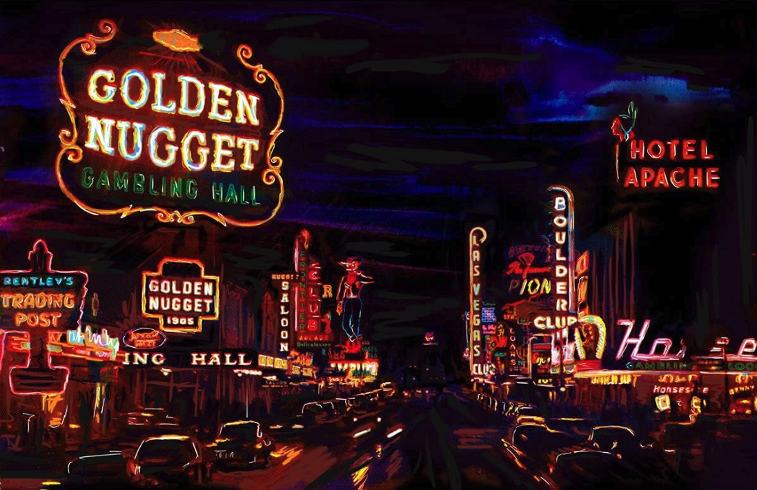 Night scene of a city street filled with colorful neon signs advertising casinos, hotels, and entertainment venues, including "Golden Nugget Gambling Hall," "Hotel Apache," and "Boulder Club." Cars are parked along the street, and the sky is dark with a few clouds.