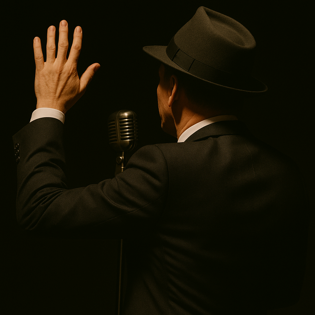 A man wearing a suit and a fedora hat speaking or singing into a vintage microphone, with one hand raised