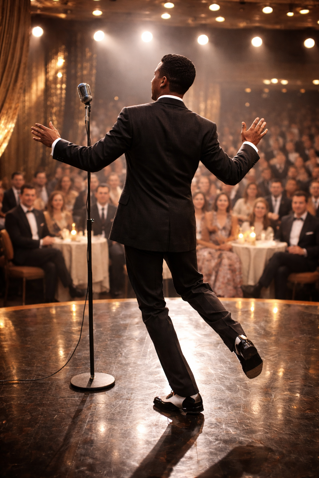 A performer dressed in a tuxedo on stage at a comedy show or event, with an audience seated at tables in the background, under stage lights and golden curtains.
