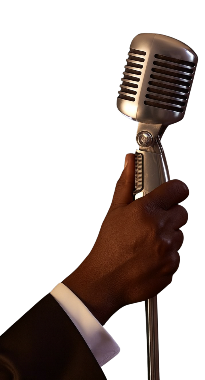 A hand holding a vintage-style silver microphone against a black background.