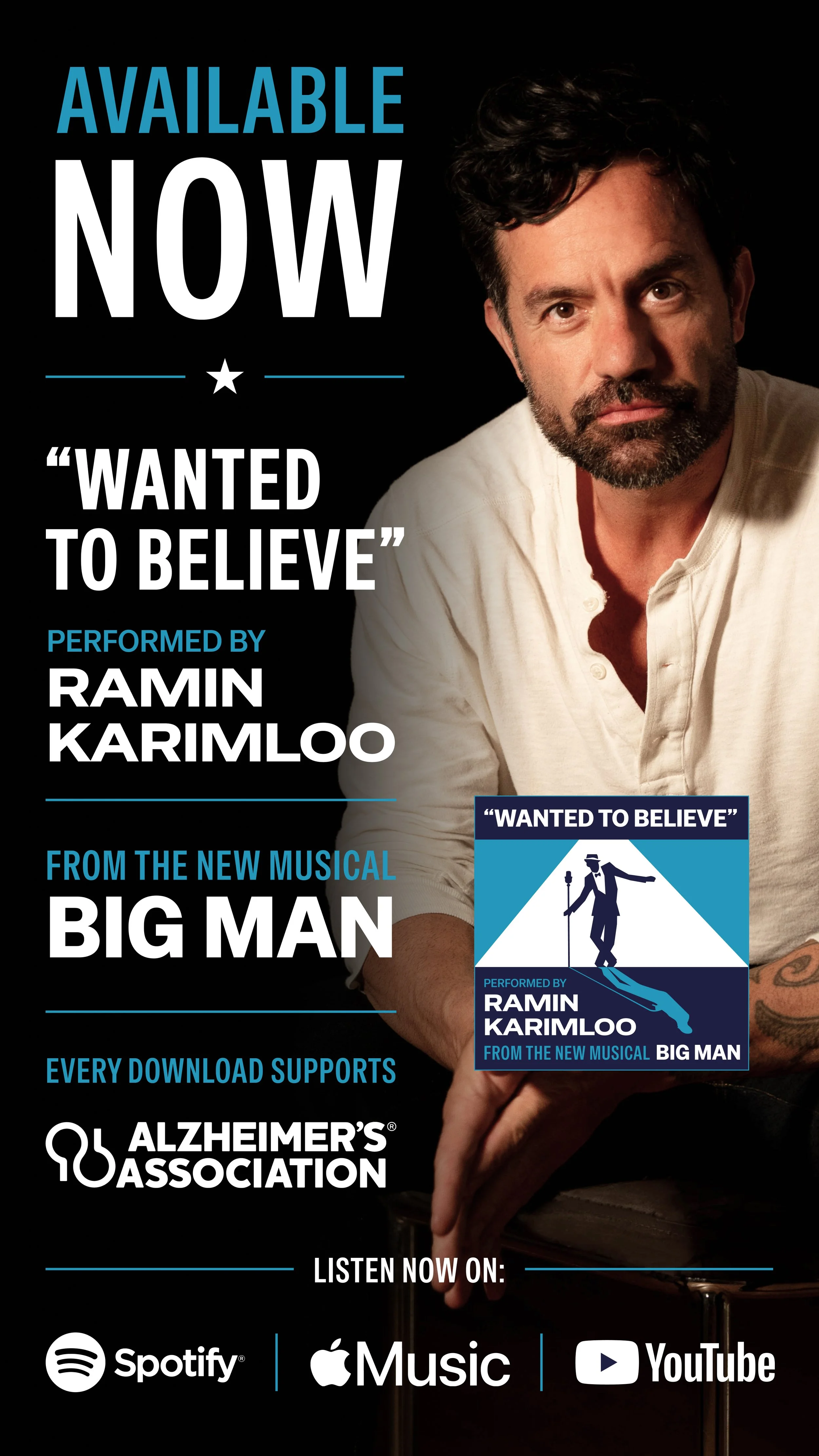 Poster featuring actor Ramin Karimloo promoting the musical Big Man, with text indicating availability now and support for Alzheimer’s Association.
