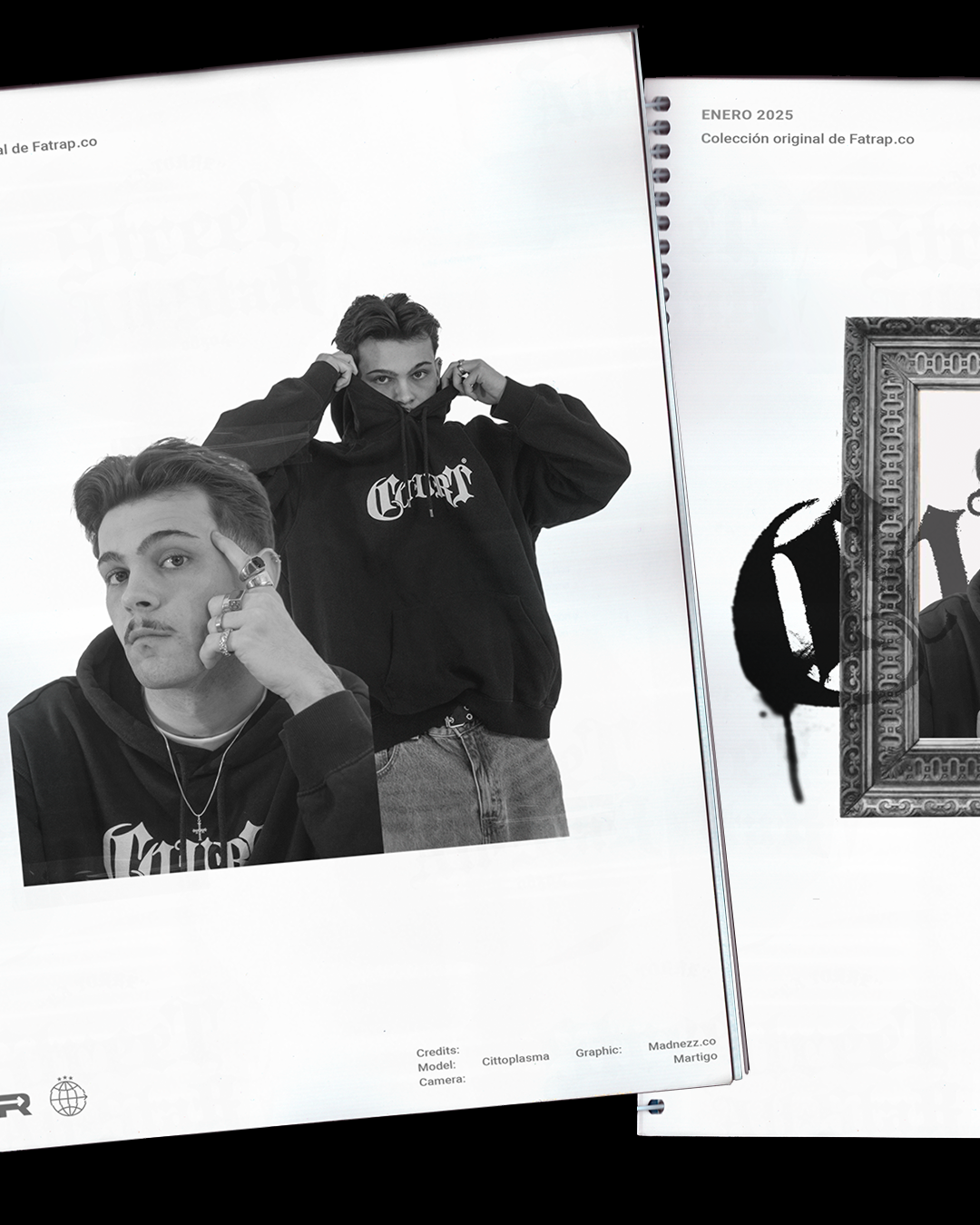 Página de revista con fotos en blanco y negro de dos jóvenes, uno con un hoodie que se está tapando la cara y otro con una expresión pensativa, en un entorno artístico.