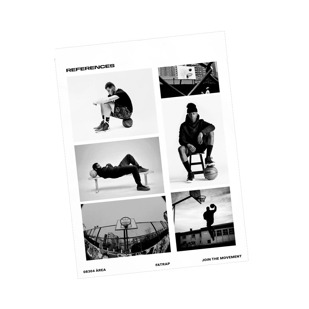 Portada en blanco y negro con varias fotos de personas y escenas relacionadas con el baloncesto y el ejercicio, incluyendo una cancha, un joven sentado, un joven acostado con una pelota, una silueta de un jugador saltando y otra en un campo de baloncesto, con los textos "REFERENCES", "08304 ÁREA", "FATRAP" y "JOIN THE MOVEMENT" en la parte inferior.