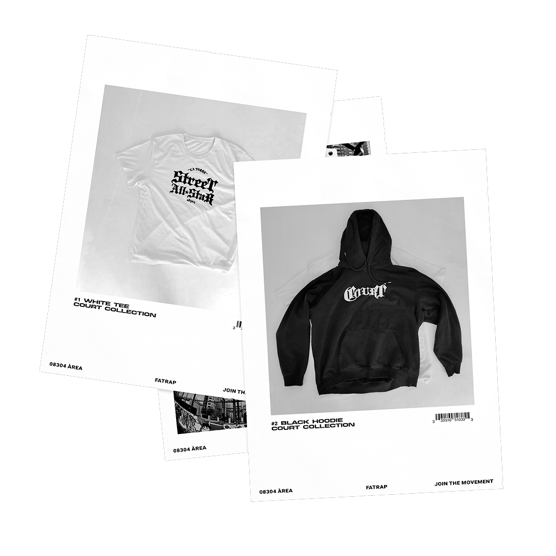 Fotografías en blanco y negro de una camiseta blanca y una sudadera negra, ambas con la palabra "Court" escrita en estilo gótico.