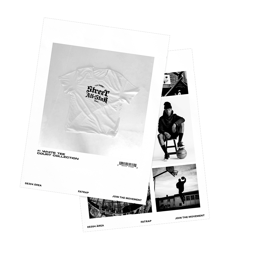 Catarina de un folleto con camiseta blanca con texto negro, fotos en blanco y negro de un jugador de baloncesto, un hombre sentado con una pelota y una silueta saltando hacia una canasta.