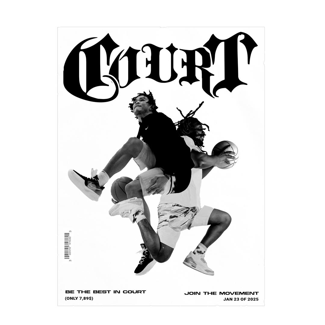 Portada de revista en blanco y negro con dos jugadores de baloncesto en acción, uno saltando con la pelota en la mano y el otro apoyado en él. Título en letras grandes y decorativas en la parte superior. Texto en la parte inferior con una cita, fecha y código de barras.