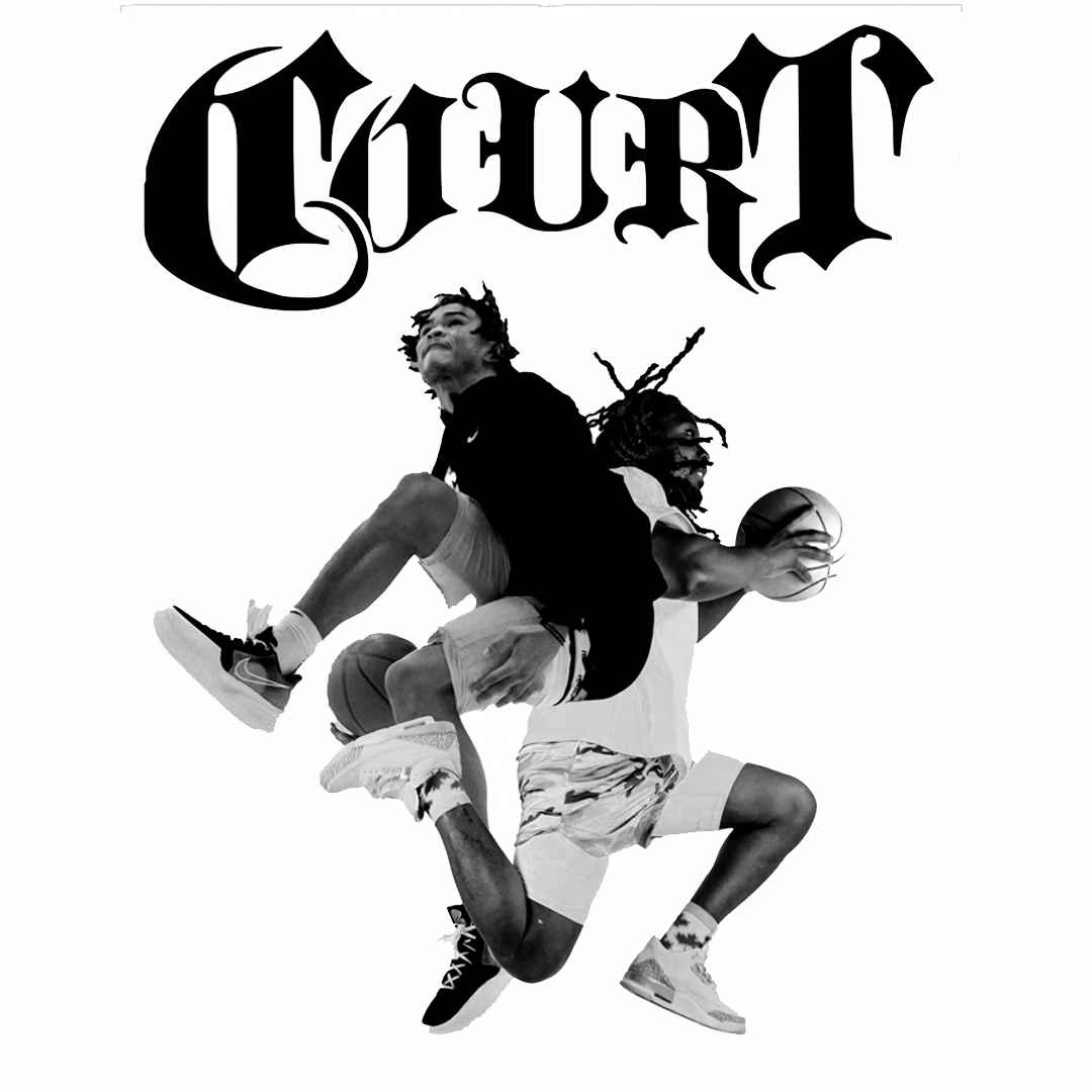 Dos jugadores de baloncesto en acción, uno saltando con una pelota y el otro sosteniendo otra pelota, en una imagen en blanco y negro con la palabra 'LOYAL' en letra estilizada en la parte superior.